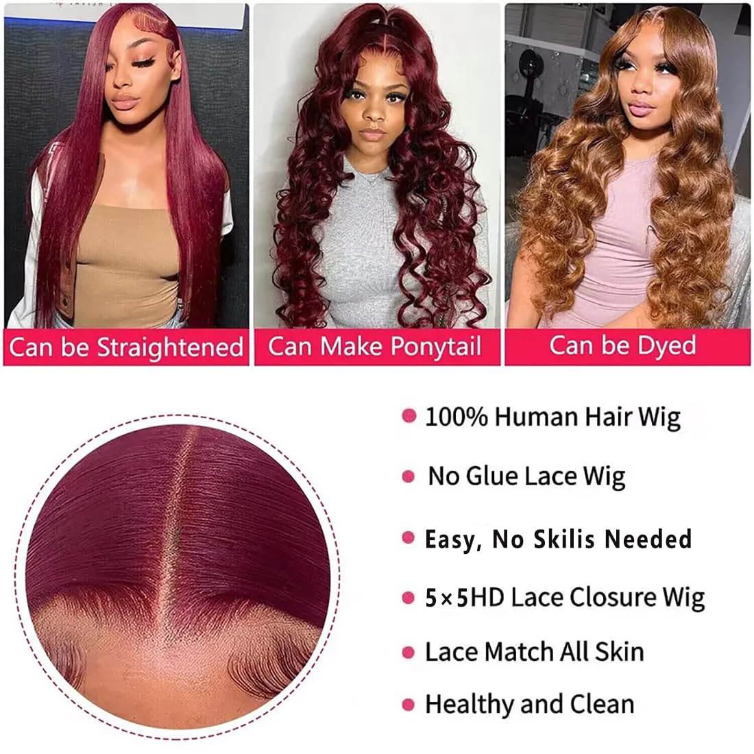 99J Burgundy 30 Inch Human Hair Lace Front Wig - Glueless Pre Plucked Pre Cut 5x5 HD Body Wave Lace Closure Wig for Beginners | Perfect for Daily Wear, Parties & Special Occasions