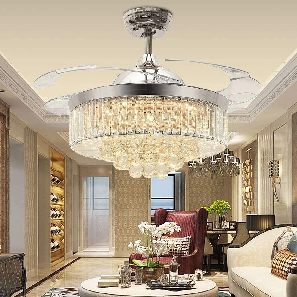 42 Inch Reversible Ceiling Fan with LED Light and Remote Control - 4 Retractable Blades, Crystal Chandelier Style for Living Room, Bedroom & Indoor Use - Energy Efficient Silent DC Motor (Silver) - Perfect for Home Cooling and Decorative Lighting