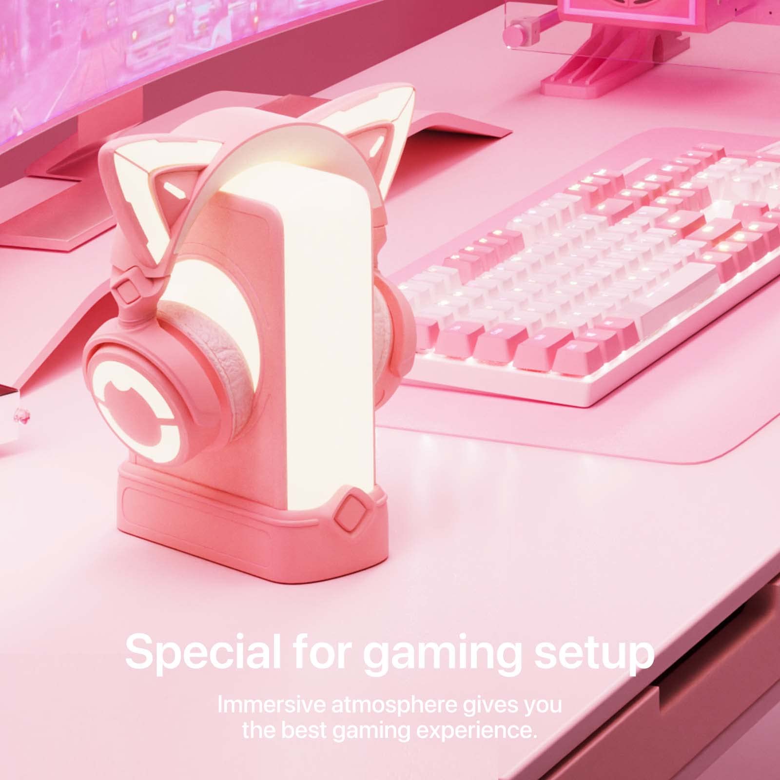 YOWU RGB Cat Ear Headphones with Crystal Stand - Pink Gaming Headset for PC, PS5, Switch | Wireless Bluetooth Headphones with LED Lights for Girls, Streaming, Anime Cosplay