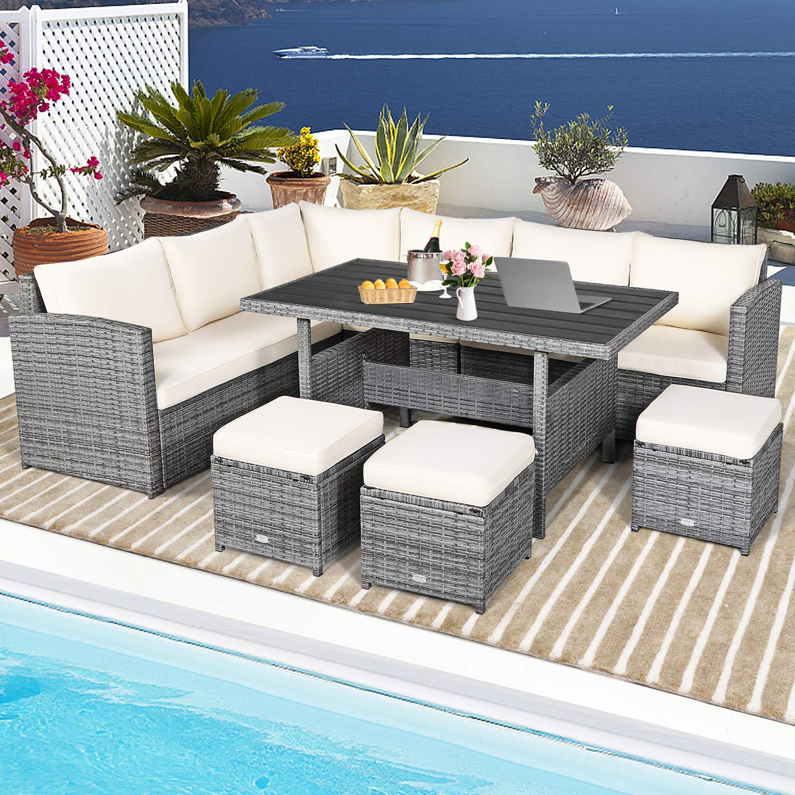 HAPPYGRILL 7-Piece Rattan Patio Furniture Set with Cushions - PE Wicker Outdoor Sofa, Dining Table & Ottomans for Backyard, Poolside, Balcony, Garden - Perfect for Relaxing, Entertaining & Outdoor Dining