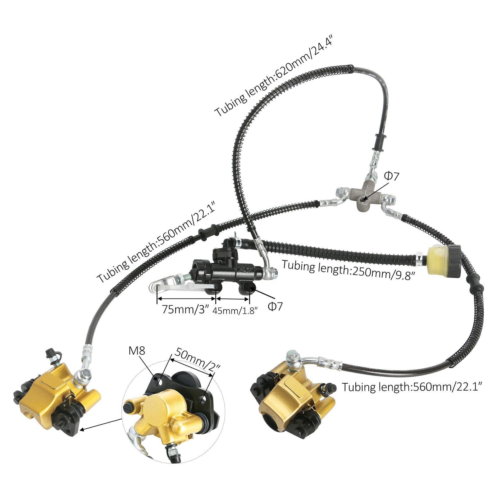 Go Kart 4 Stud Front Wheel Rim Hub Steering Spindle Knuckle Kit with Hydraulic Brake Caliper & Master Cylinder Assembly - Compatible with ATV, Buggy, Golf Cart, Quad, 4 Wheelers & Tricycle - Perfect for DIY Repairs & Off-Road Upgrades