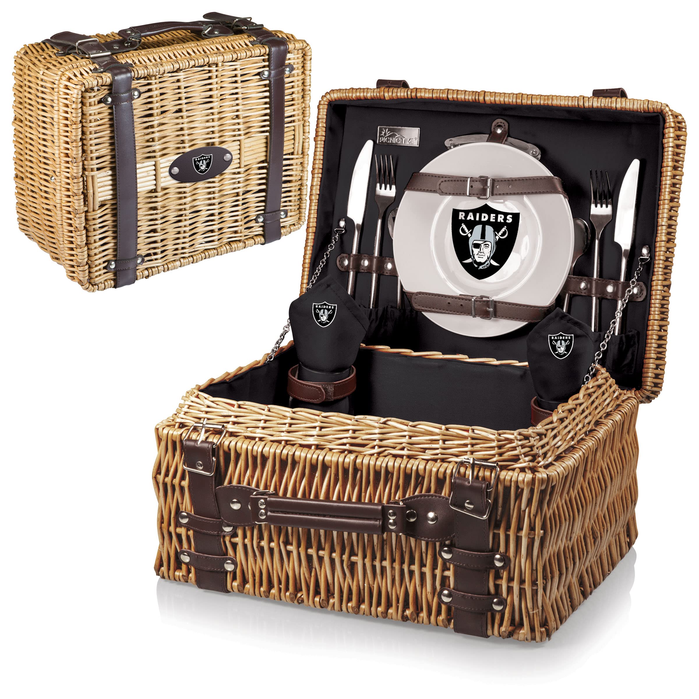 PICNIC TIME NFL Champion Picnic Basket for 2 - Woven Wicker Picnic Basket Set with Plates, Cutlery & Blanket (Black & Brown) - Perfect for Outdoor Picnics, Beach Trips & Tailgating Parties