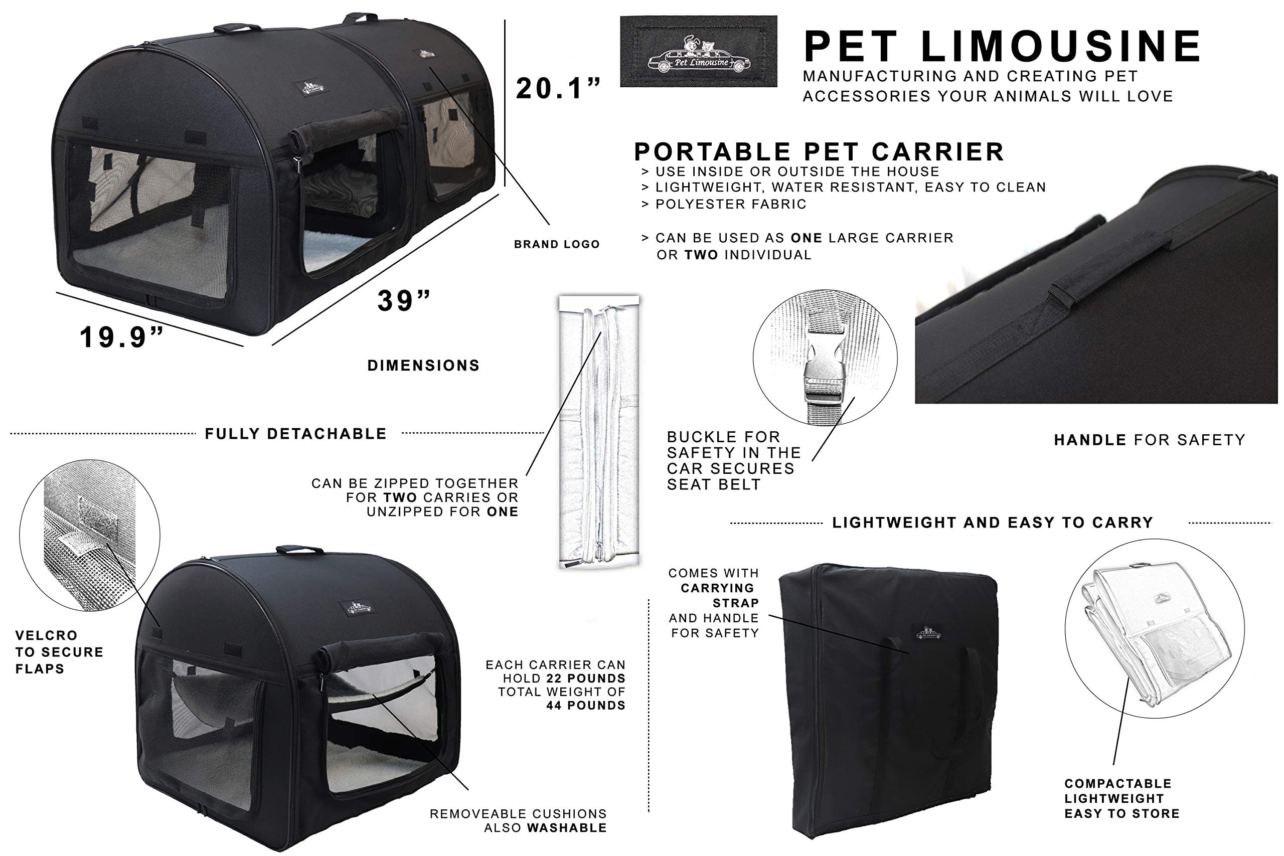 Portable 2-in-1 Soft Dog & Cat Crate - Double Travel Kennel Carrier for Small Pets | Car Seat Ready | Perfect for Road Trips & Vet Visits