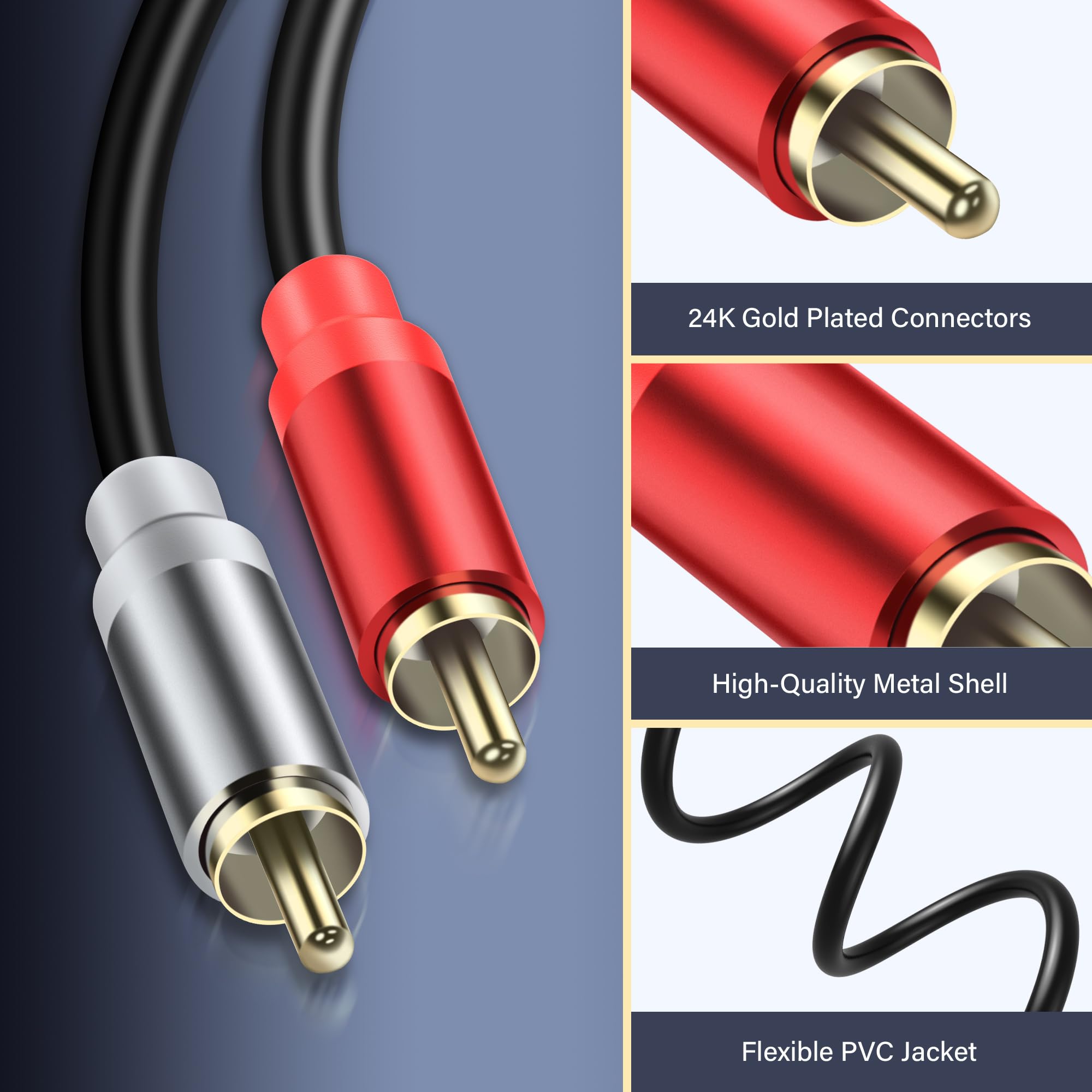2RCA Male to 2RCA Male Audio Cable - 2 Pack Short Subwoofer RCA Cable for HDTV, Speakers, DVD Players - High Quality Stereo RCA Extension Cable for Home Theater & Audio Systems