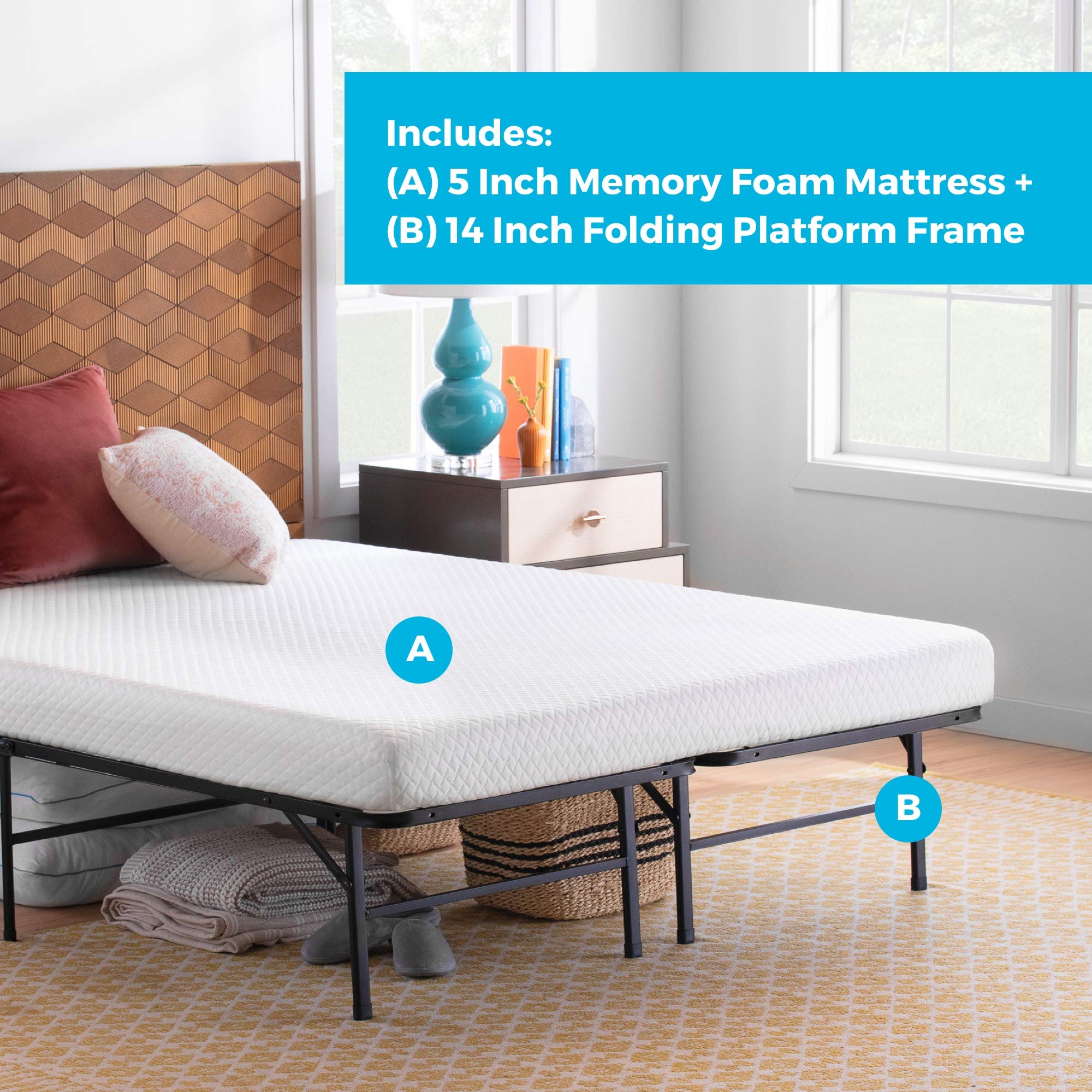Linenspa 5 Inch Gel Memory Foam Mattress with 14 Inch Folding Platform Bed Frame - Full Size | Cooling Support for Back, Stomach & Side Sleepers | Perfect for Guest Rooms, Dorms & Small Apartments