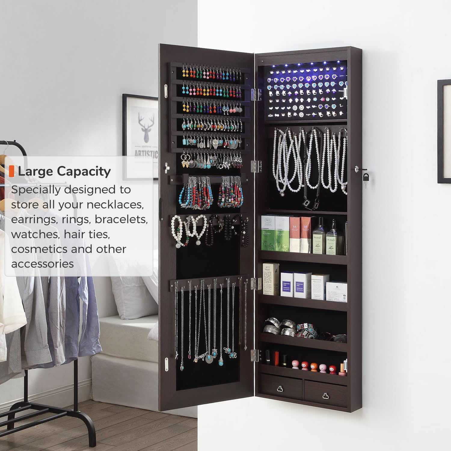 GISSAR Full Length Mirror Jewelry Cabinet with 6 LED Lights - Wall Mounted Over The Door Hanging Jewelry Organizer - Lockable Storage for Necklaces, Rings & Accessories - Brown (14.6