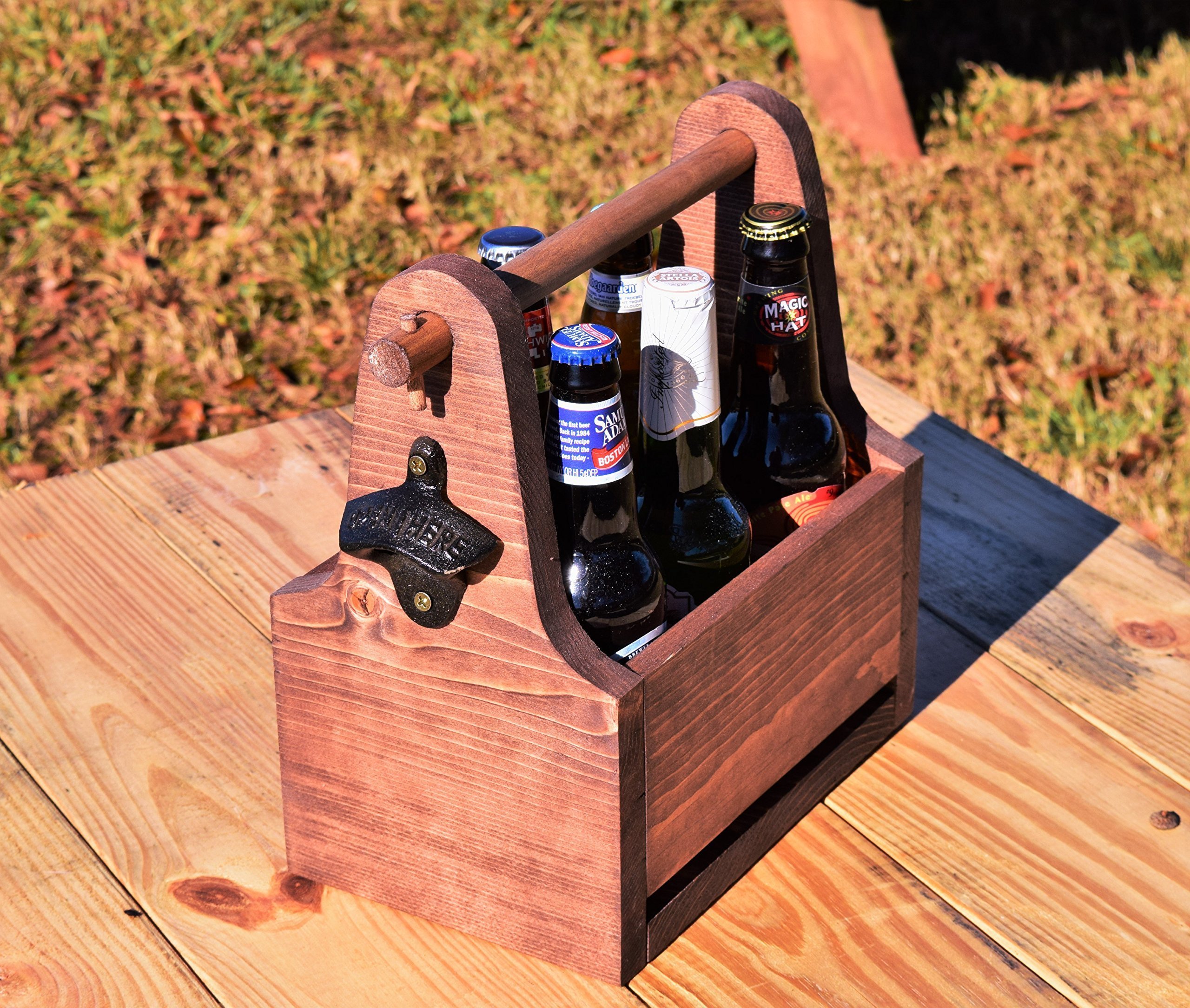Rustic Wooden Beer Tote - Handcrafted 6-Bottle Beer Carrier with Handle - Perfect for Picnics, Camping & Outdoor Parties