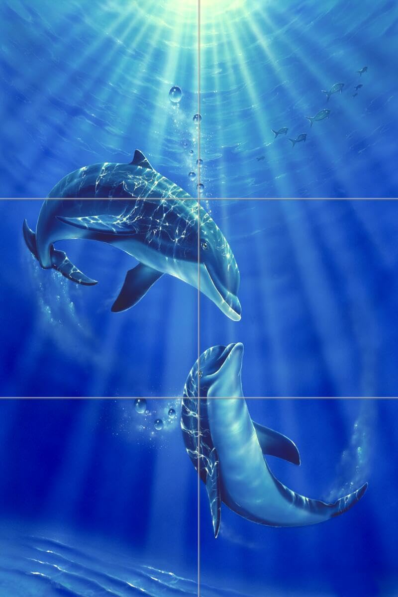 Dolphin & Whale Ceramic Backsplash Tile Mural - Underwater Ocean Scene with Fish - Waterproof Kitchen, Bathroom & Shower Wall Decor - Perfect for Coastal, Beach or Nautical Themed Homes