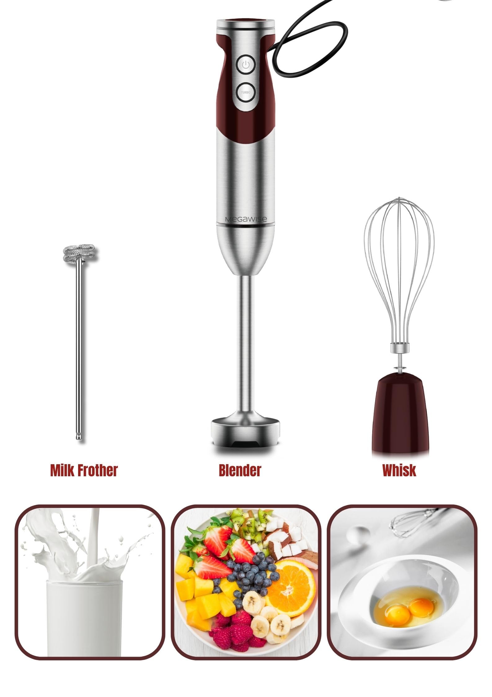 MegaWise Pro Titanium Reinforced 3-in-1 Immersion Hand Blender - 800W Powerful Motor, 12-Speed Control, Ultra Sharp Blades - Includes Whisk & Milk Frother (Red) - Perfect for Smoothies, Soups, Sauces & Baking
