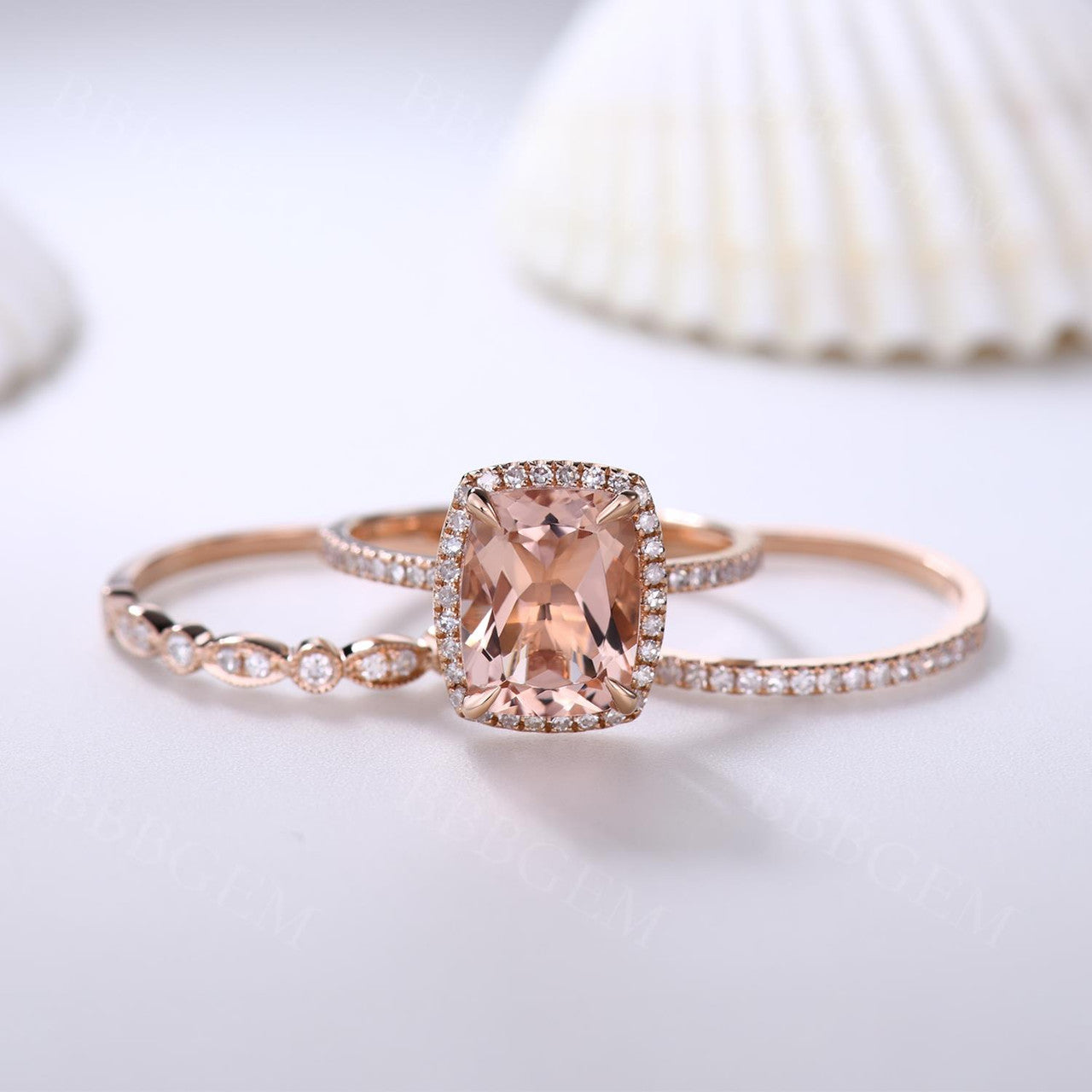 10x8mm Cushion Cut Natural Morganite Engagement Ring Set - 3 Piece Wedding Band Collection for Brides, Promise Rings & Anniversary Gifts | Perfect for Proposals, Valentine's Day & Special Occasions