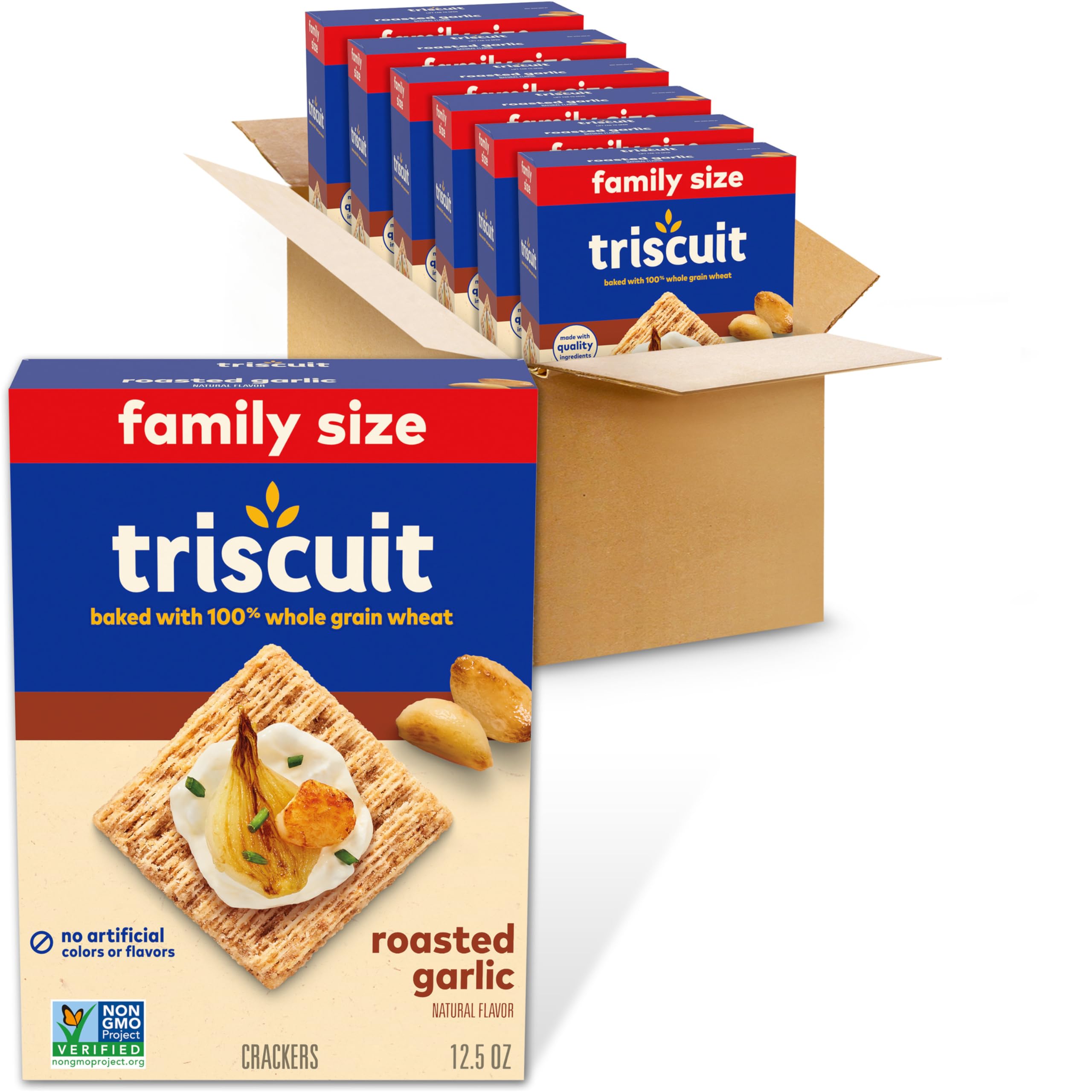 Triscuit Roasted Garlic Whole Grain Wheat Crackers - Healthy Lunch Snacks, Bulk Family Size (6-12.5 oz) | Perfect for Office, School & Picnic Snacking