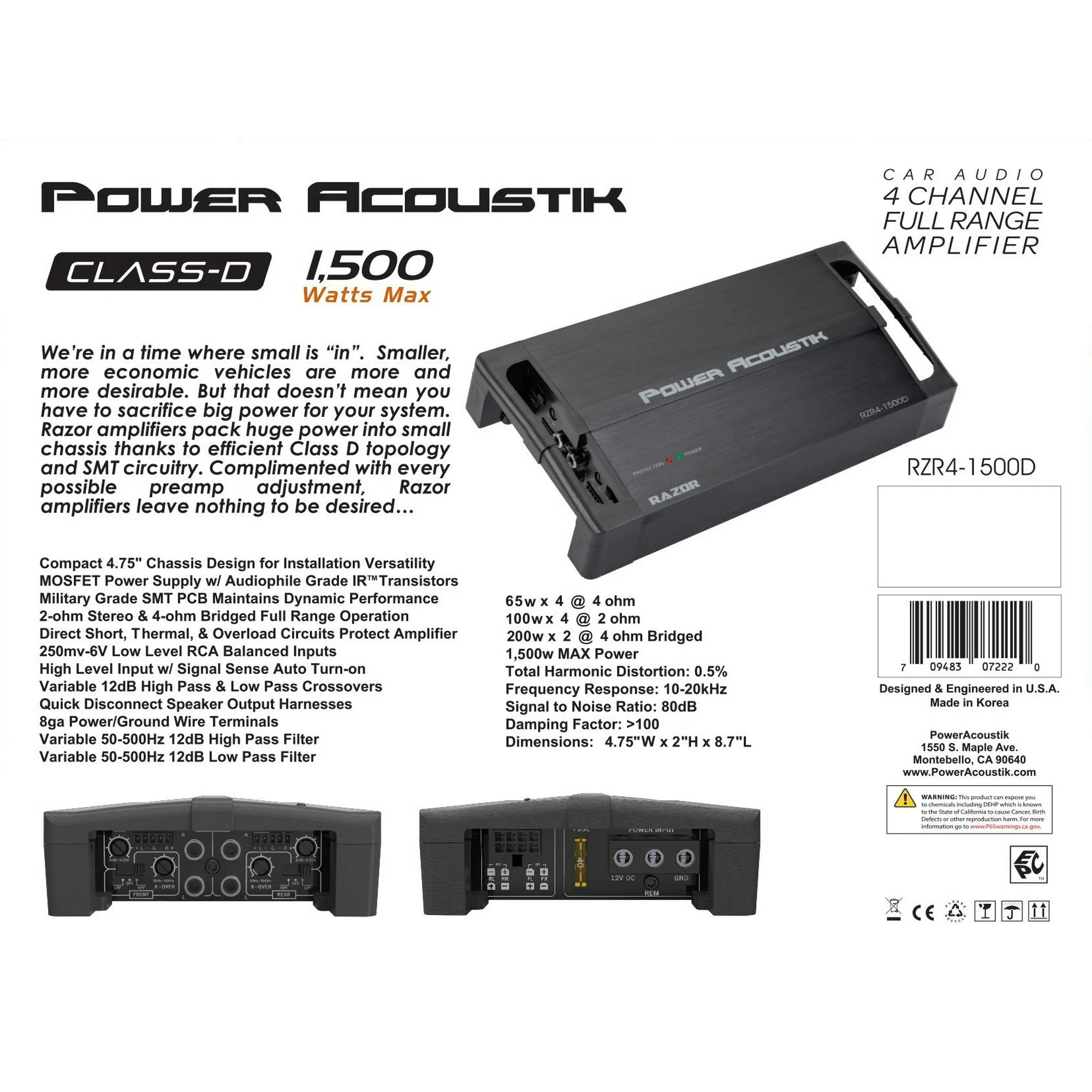 RZR4 1500D 4 Channel Class D Amplifier - 1500W Max Power, Full Range Audio, SMT Circuitry - Perfect for Car Audio Systems & Home Theater Setups