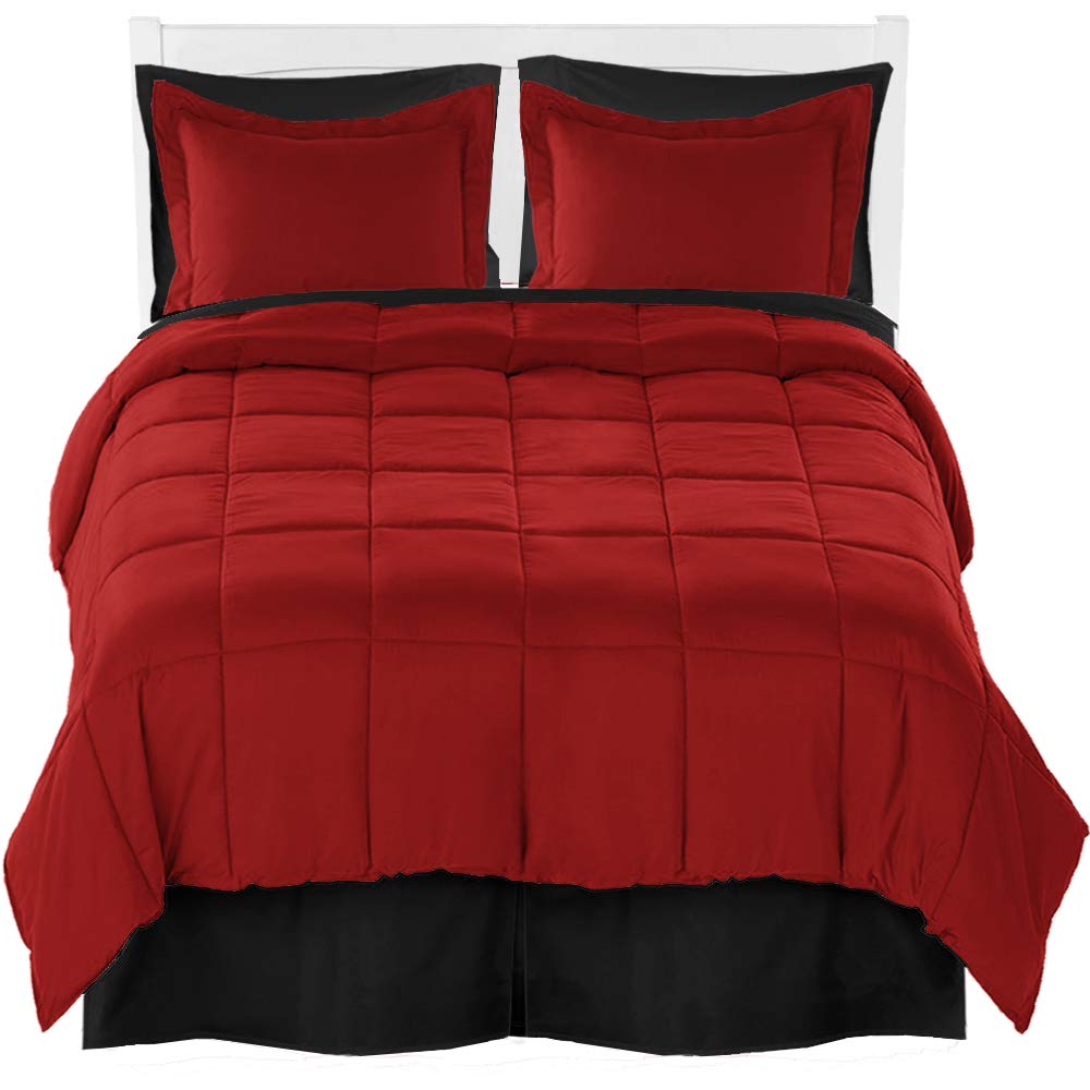 Premium Queen Comforter Set with Sheet Set & Bed Skirt - Ultra-Soft Brushed Microfiber Bedding (Red Comforter, Black Sheets & Skirt) for Cozy Bedroom Decor & Guest Room Setup