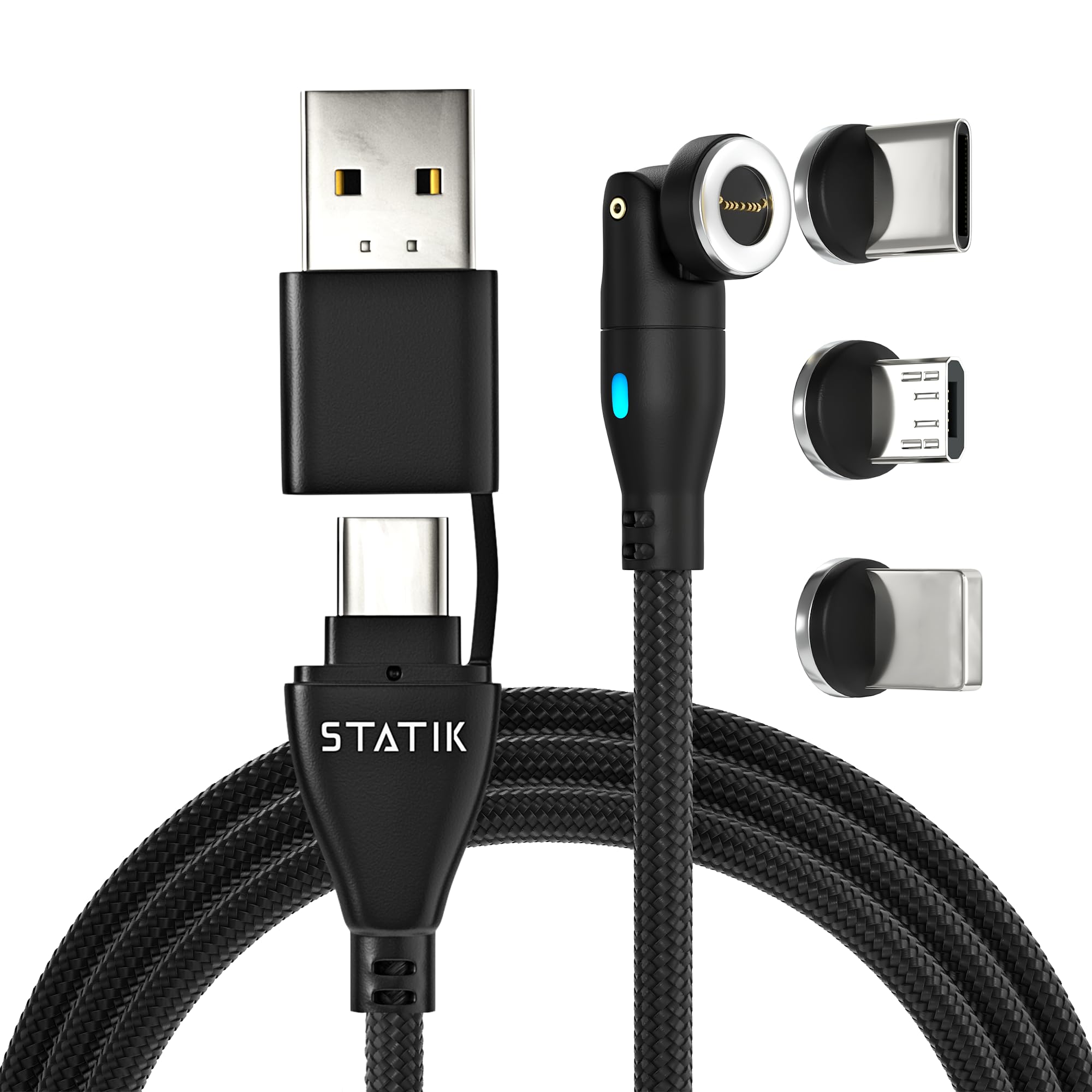 STATIK 360 Pro Magnetic Phone Charger Cable - 3-in-1 Fast Charging Cable with Type C, Micro USB & Lightning Connectors (1M/3FT, Black) - Perfect for Home, Office & Travel Charging Needs