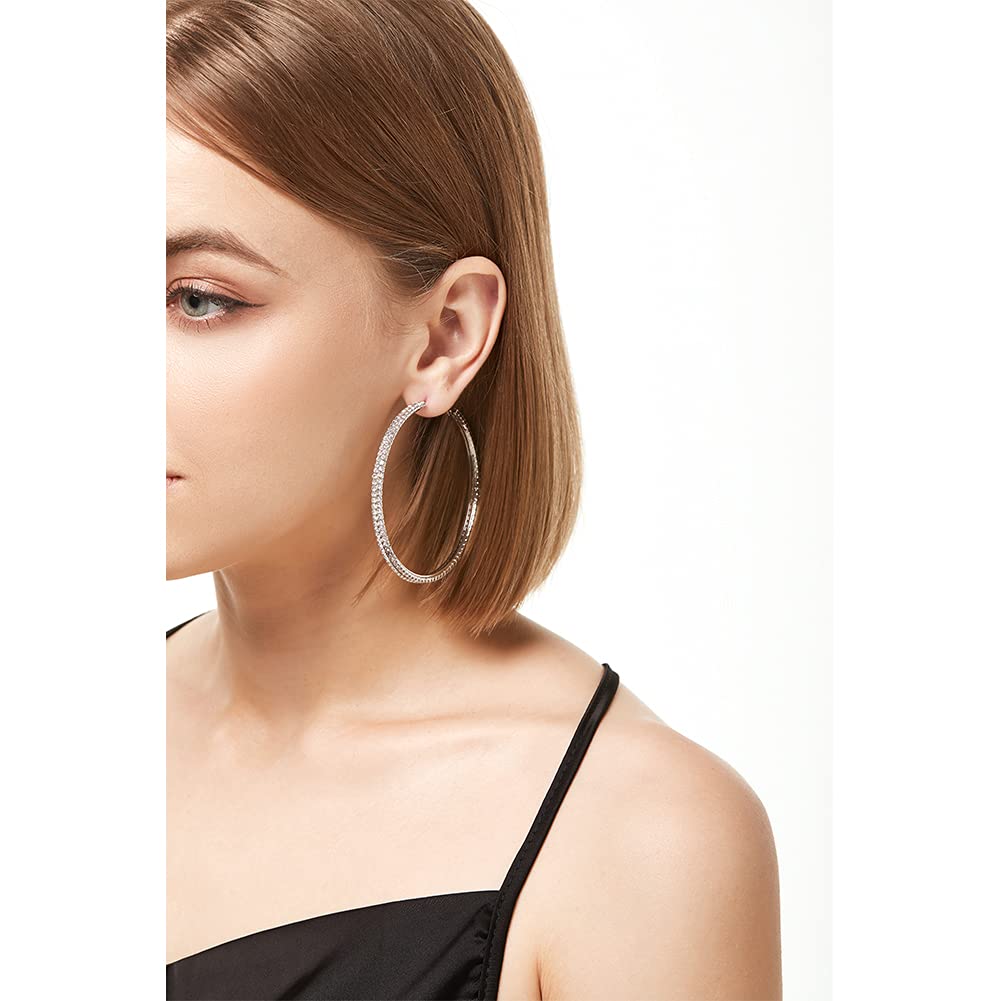 Extra Large Rhinestone Hoop Earrings for Women - 2.67 Inch (70mm) Double Oversized Crystal Lightweight Dangle Earrings | Perfect for Parties, Weddings & Evening Events