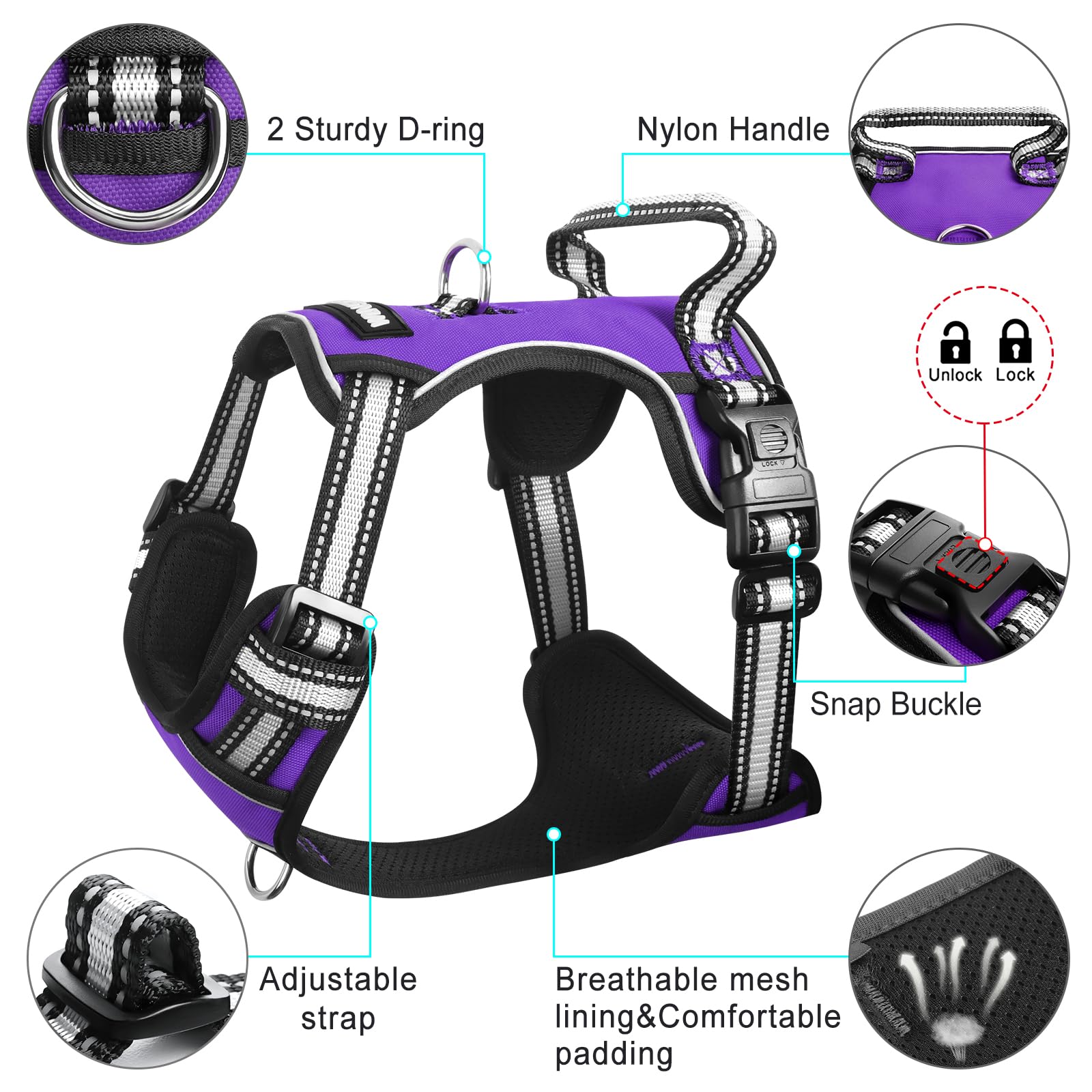 WINSEE No Pull Dog Harness - Adjustable Reflective Pet Vest with Front/Back Leash Clips for Small Medium Large XL Dogs - Easy Control Handle for Walking, Running & Outdoor Adventures