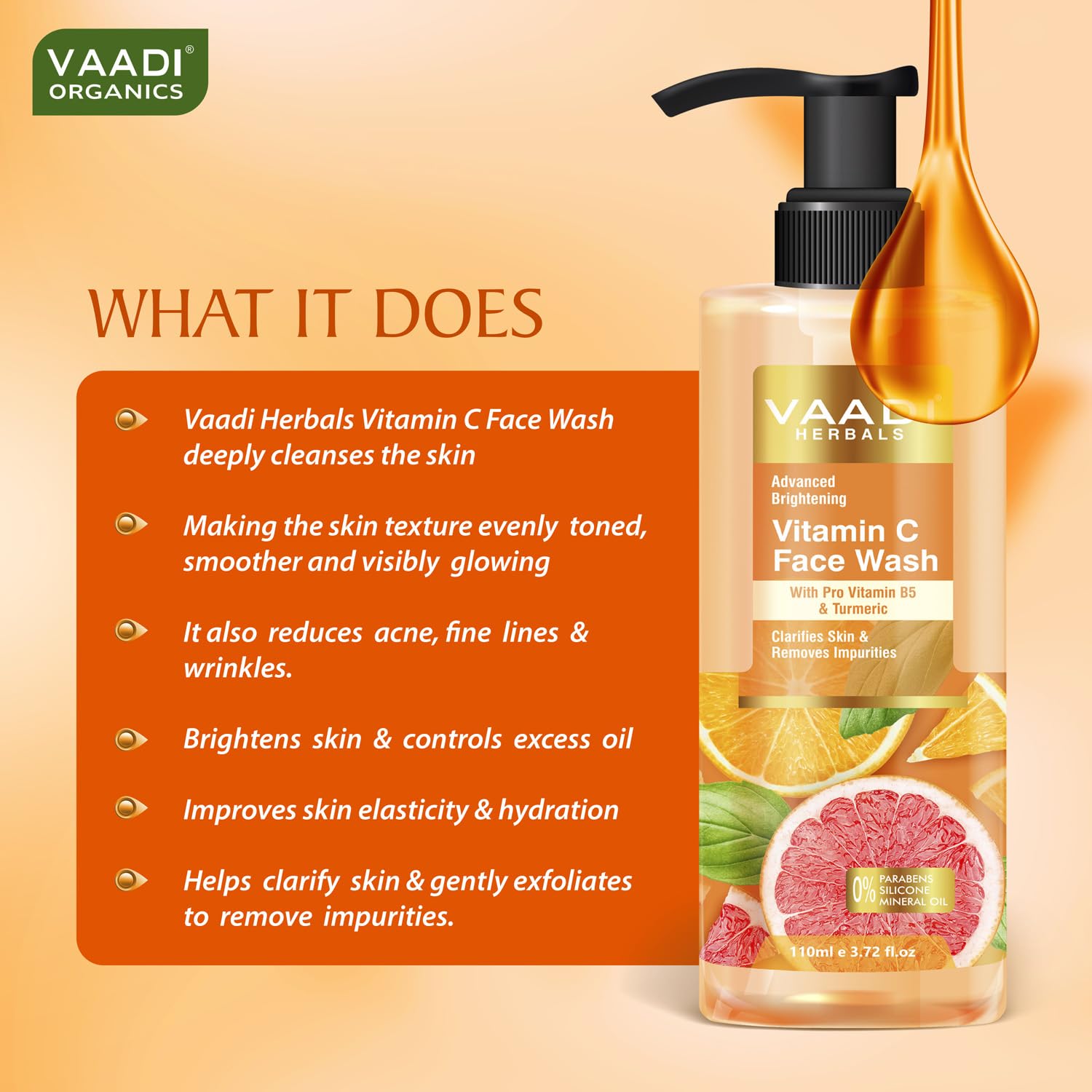 Vaadi Herbals Vitamin C Face Wash with Pro Vitamin B5 & Turmeric - 110ml | Brightening & Hydrating Cleanser for Glowing Skin | Perfect for Daily Skincare Routine & Acne-Prone Skin