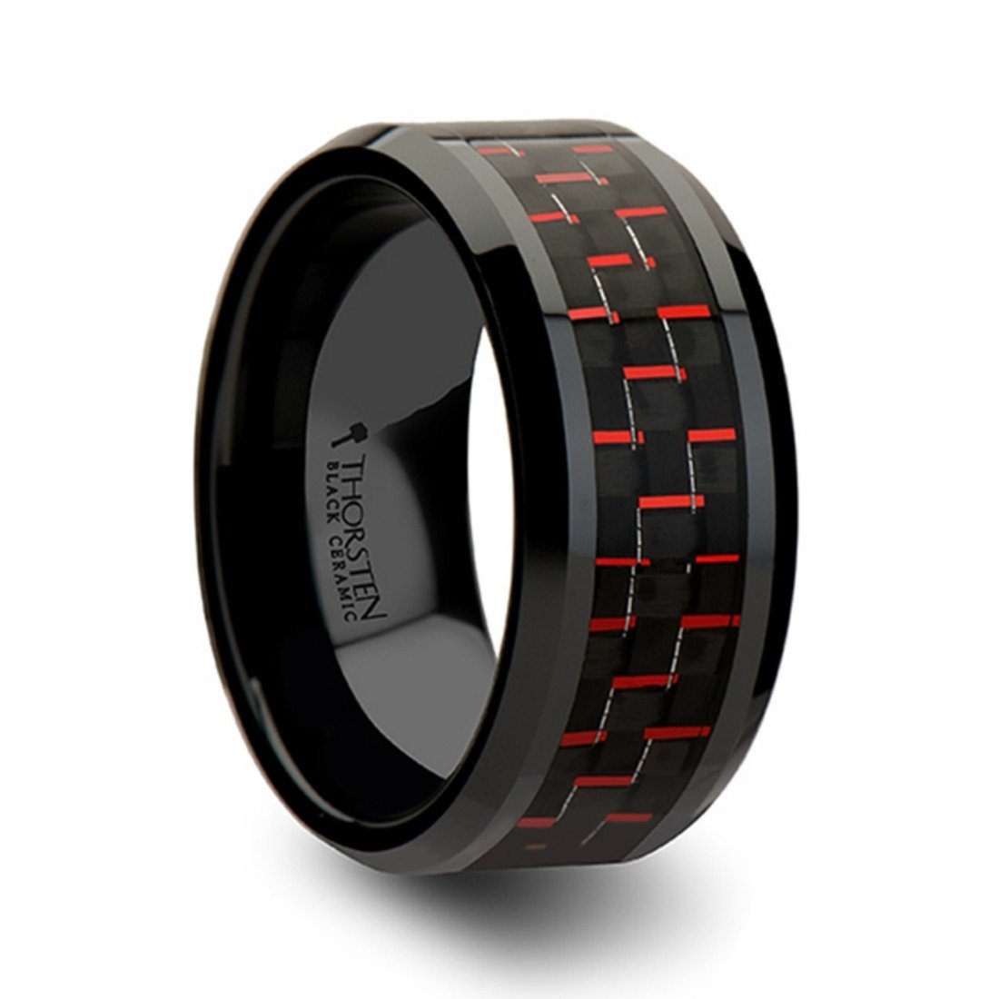 ANTONIUS Black Beveled Ceramic Ring with Black & Red Carbon Fiber Inlay - 4mm Wide Wedding Band for Men - Durable & Stylish Mens Jewelry for Engagement, Anniversary & Everyday Wear