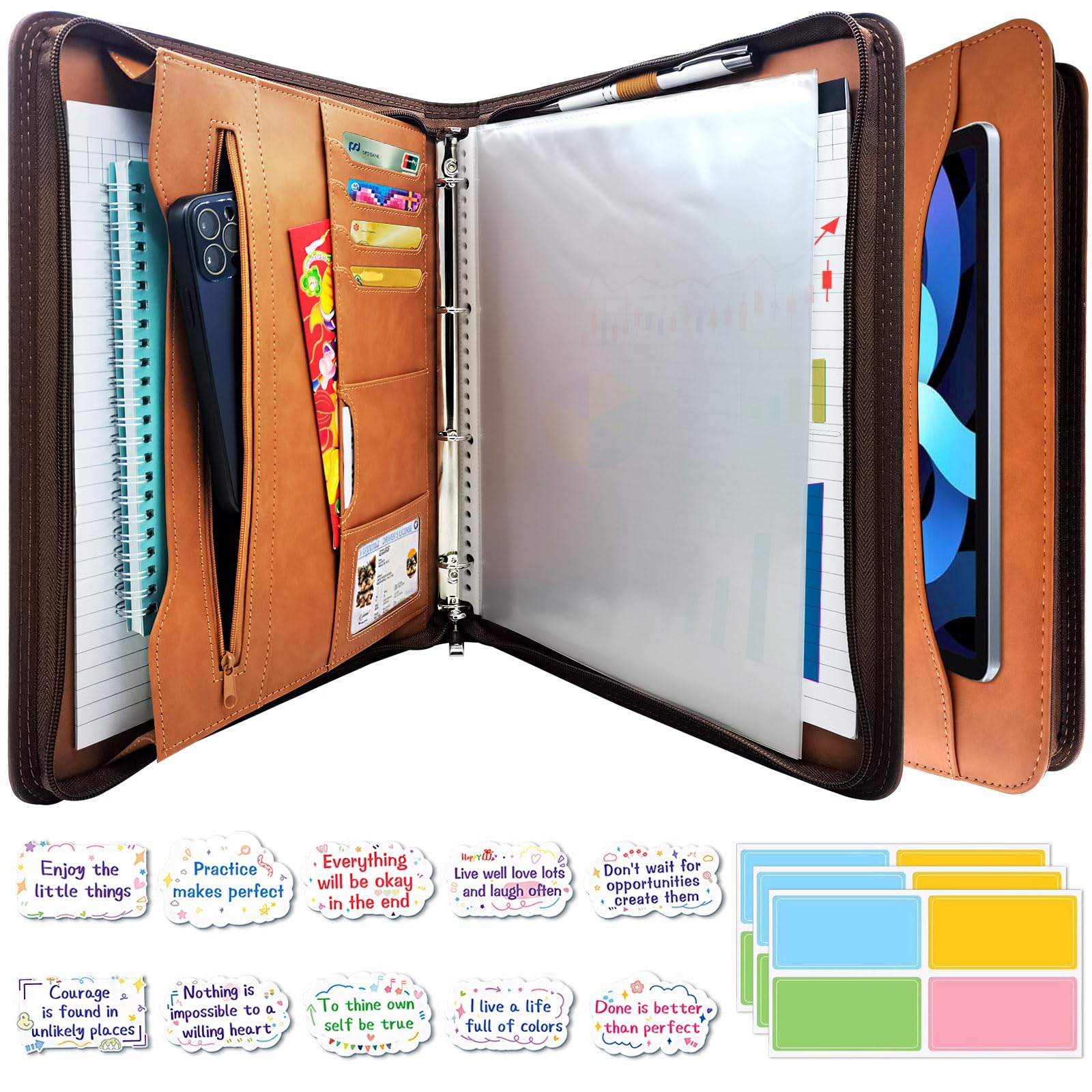 Premium PU Leather Zipper Portfolio Organizer - Professional Business Document Holder with 4-Ring Binder, Exterior Pocket & Card Slots - Perfect for Resumes, Passports, Tickets & Office Essentials (Brown) - Ideal for Business Meetings, Job Interviews & Travel Organization