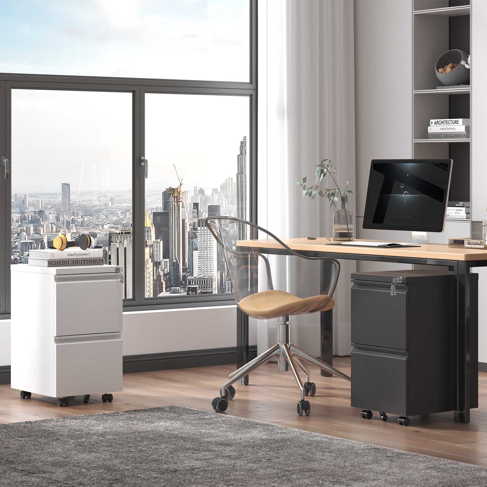 2-Drawer Mobile File Cabinet with Lock & Wheels - Small Vertical Under Desk Steel Rolling Cabinet for Home Office - Organize Legal/Letter/A4 Files (White) - Perfect for Office Storage & Home Organization