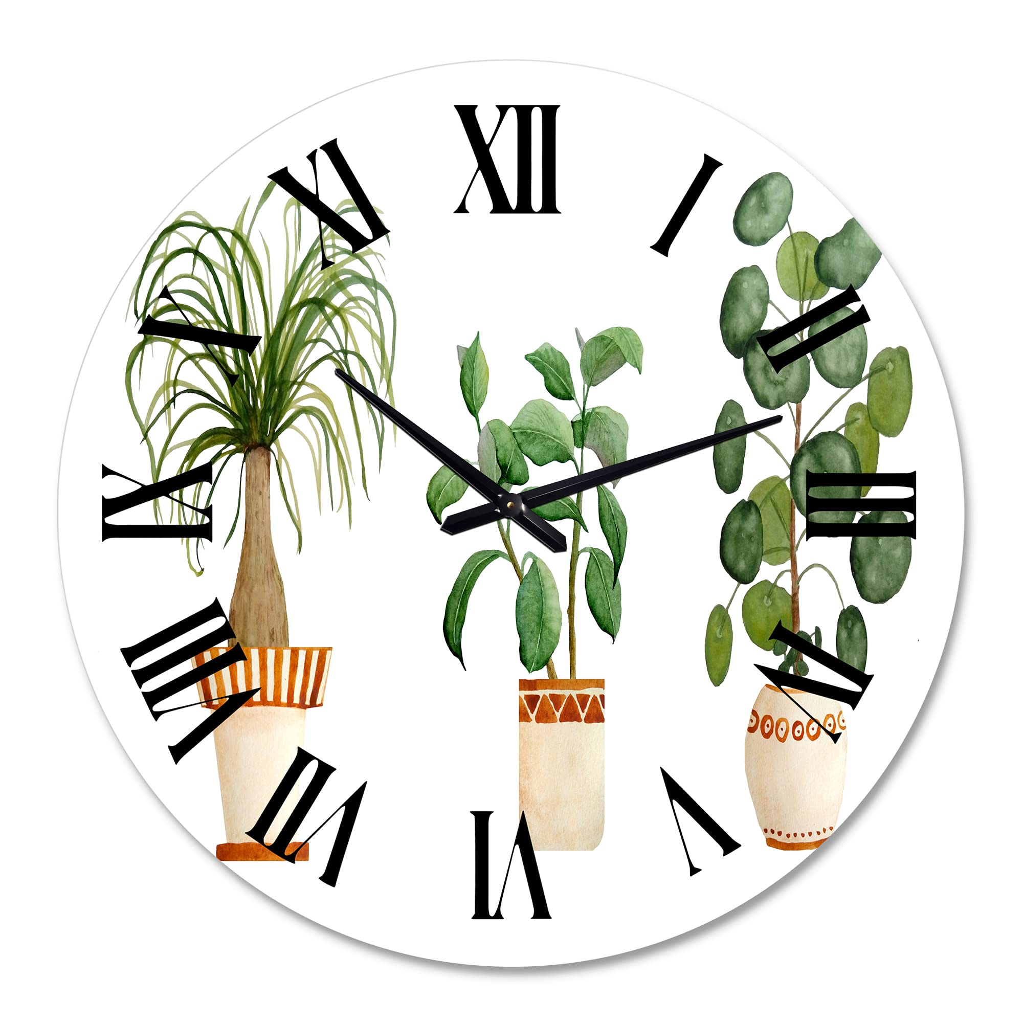DesignQ Traditional Wall Clock - Trio of House Plants (Ponytail Palm & Ficus) - Floral Botanical Large Wall Decor for Living Room, Bedroom, Office - Perfect for Home & Office Décor