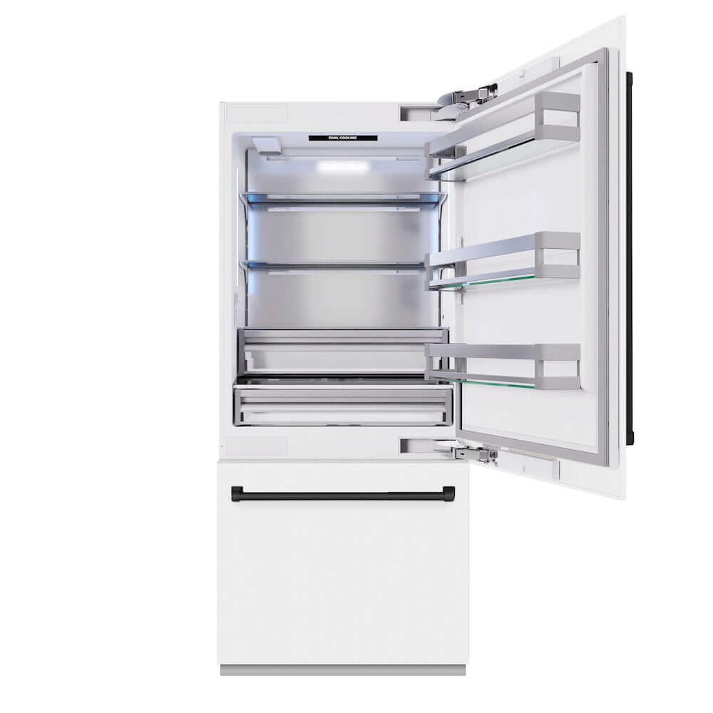ZLINE Autograph Edition 36 Inch Built-In Bottom Freezer Refrigerator - 19.8 cu.ft Capacity, Water Dispenser & Ice Maker - White Matte with Matte Black Accents (RBITZ WM 36 MB) - Perfect for Modern Kitchens, Open-Concept Homes & Luxury Appliances Collection