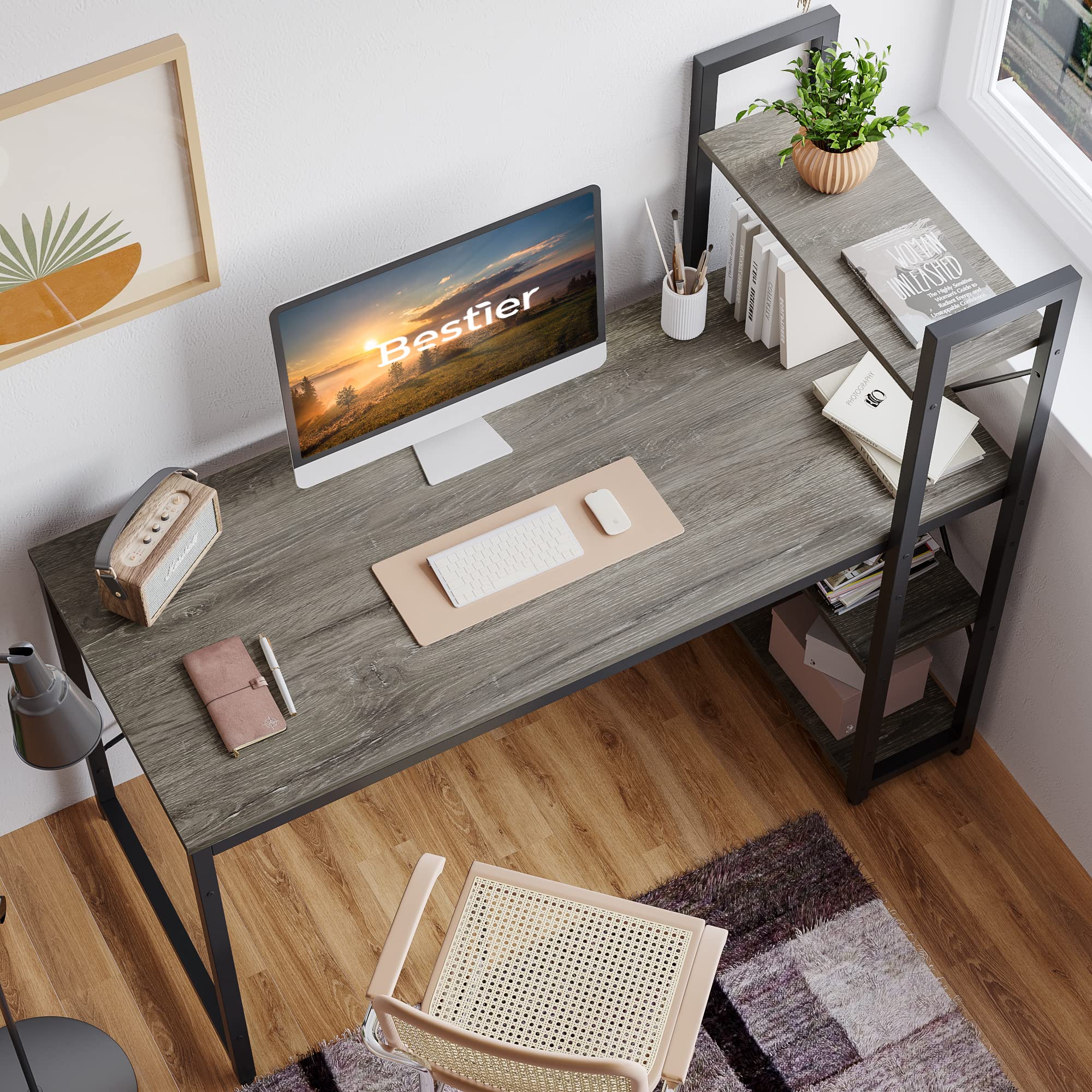 Bestier 55 Inch Computer Desk with Storage Shelves - Reversible Bookshelf Home Office Desk, Spacious Leg Room & Easy Assembly, Grey - Perfect for Small Spaces, Gaming & Remote Work Setup