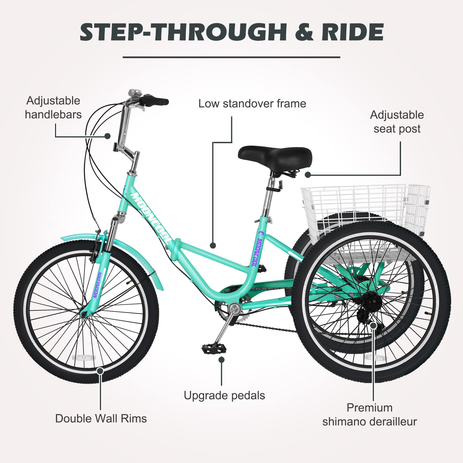 Adult Tricycle Bike - 3 Wheel Cruiser with Large Basket, 7-Speed Derailleur & Parking Brake - Includes Maintenance Tools - Perfect for Seniors, Grocery Shopping & Outdoor Recreation