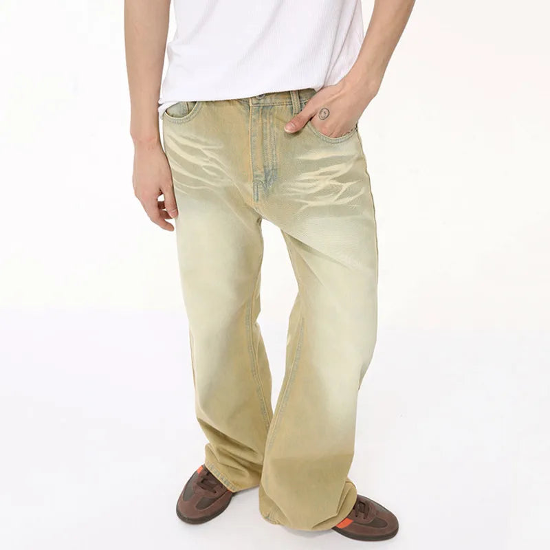American Design Men's Denim Pants - Casual Distressed Contrast Color Straight Leg Jeans for Summer | Wide Bottom Comfort Fit (Style 9C6504) | Perfect for Streetwear, Casual Outings & Everyday Wear