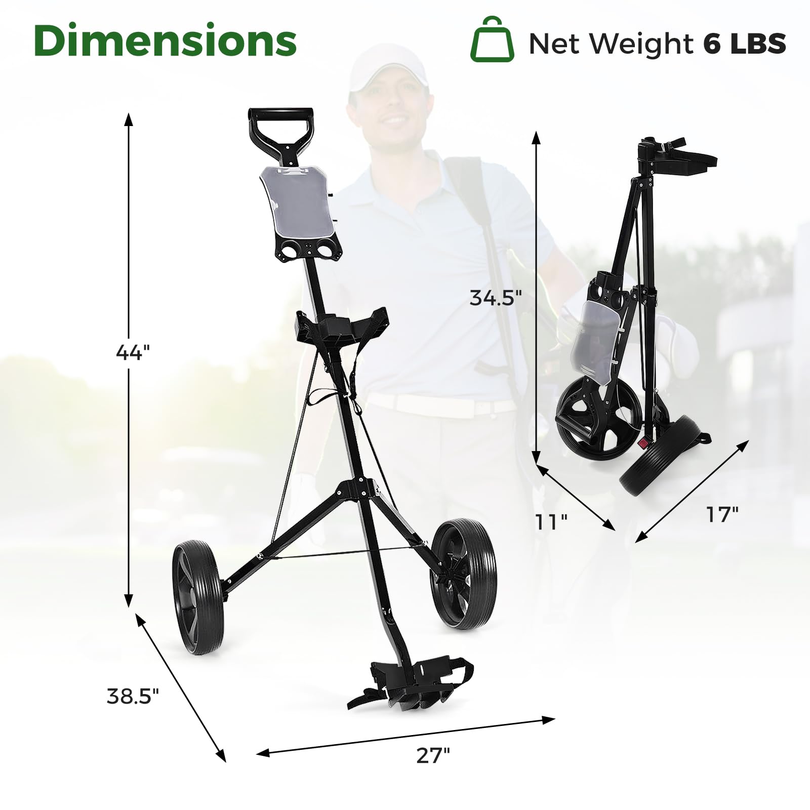 Premium 2 Wheel Golf Push Cart - Foldable Golf Trolley with Scorecard Holder, Upper/Lower Bracket & Elastic Straps | Lightweight Portable Golf Bag Caddy for Walking Courses | Perfect for Golfers, Seniors & Walking Enthusiasts on Any Terrain