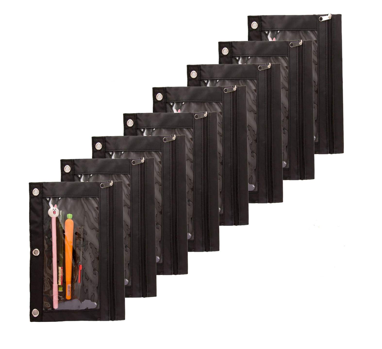 8 Pack Black Zippered Binder Fabric Pencil Pouch with Clear Window - 3 Ring School & Office Organizer for Notebooks, Folders, Classroom Supplies | Perfect for Students, Teachers & Professionals