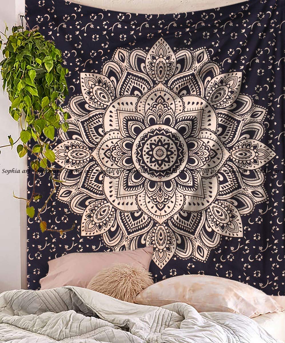 Sophia-Art Indian Handmade Bohemian Cotton Duvet Cover Set with Mandala Ombre Print - Twin Size 52x74 Inches (Black Gold Flower) - Includes Comforter Cover & 2 Pillow Shams - Perfect for Boho Chic Bedroom Decor & Hippie Style Home Furnishing