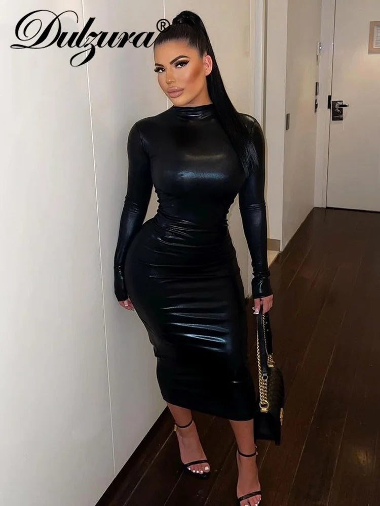 2024 Y2K Faux Leather Bodycon Midi Dress for Women - Sexy Long Sleeve Club Party & Streetwear Outfit | Perfect for Nightlife, Date Nights & Fashion Events