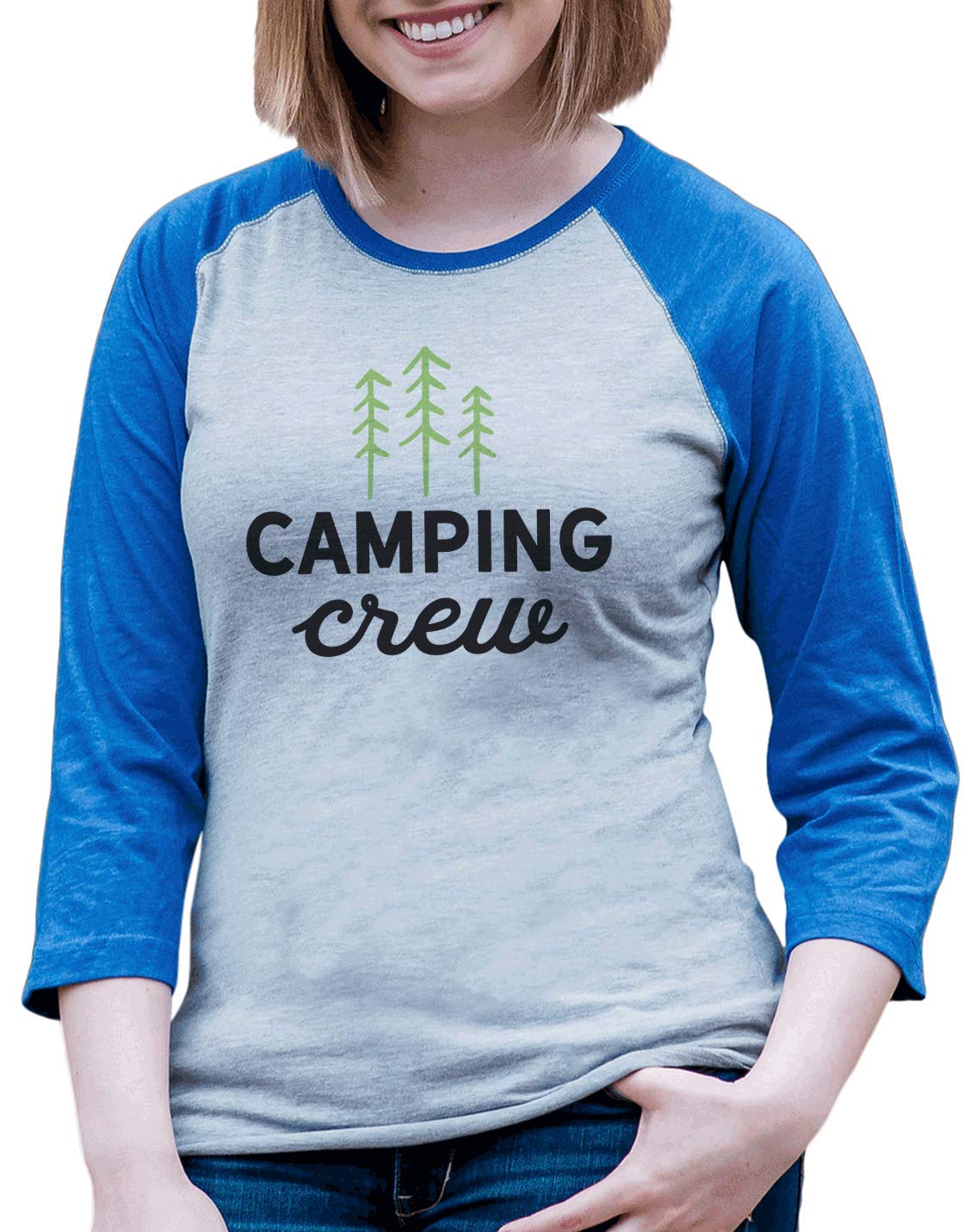 7 ate 9 Apparel Women's Camping Crew Raglan Blue T-Shirt - Comfortable Outdoor Hiking & Adventure Tee for Women - Perfect for Camping, Backpacking & Nature Trips