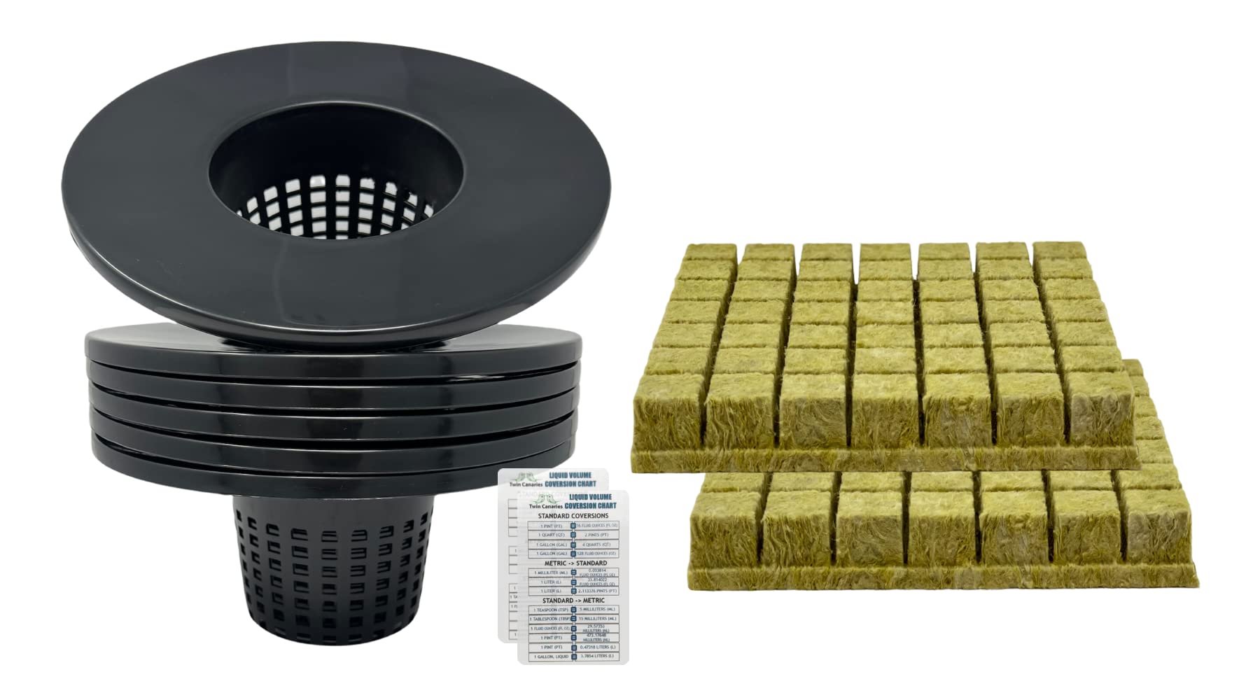 6 Inch Wide Lip Net Pots (Pack of 6) + 1.5 Inch Grodan Rockwool Starter Plugs (98 Plugs) - Hydroponic Growing System for Indoor Plants, Herbs, and Seedlings - Perfect for Hydroponics, Aquaponics, and Vertical Gardening
