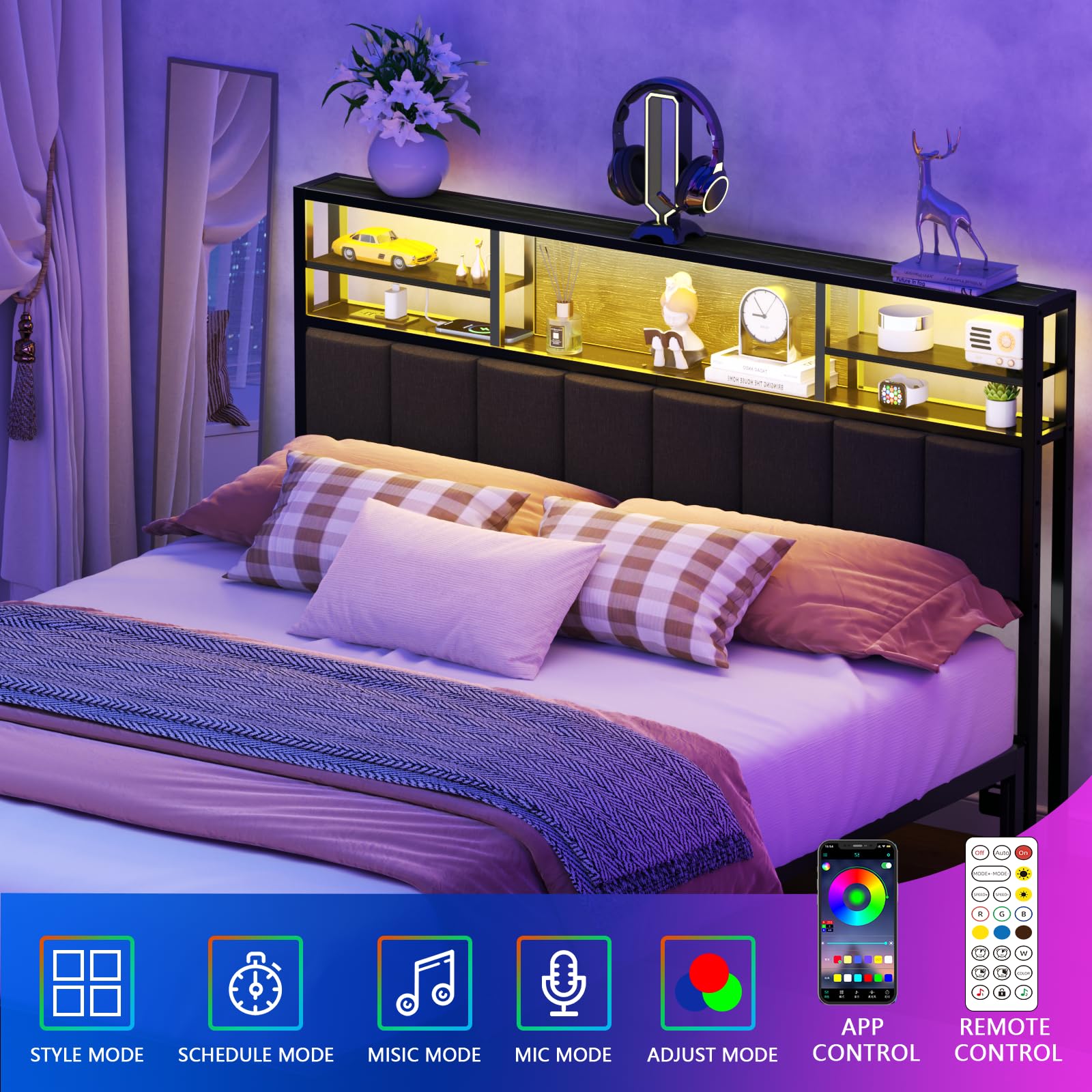 Furnulem Queen Size Bed Headboard with Storage Shelves, USB Ports & Outlets, LED Lighting - Adjustable Height, Sturdy Design with Charging Station - Perfect for Bedroom Organization & Modern Home Decor