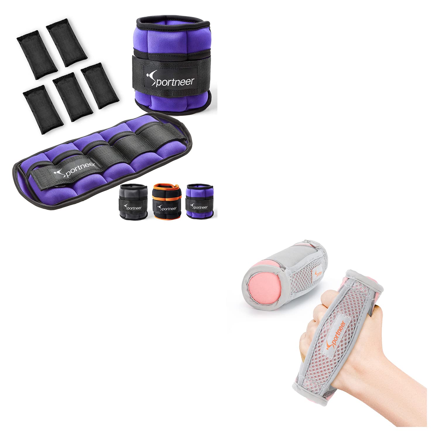 Sportneer Adjustable Ankle Weights 2 lbs Each (4 lbs Pair) & Hand Weights 2 lbs Each (4 lbs Pair) - Perfect for Home Workouts, Running, Yoga, and Strength Training