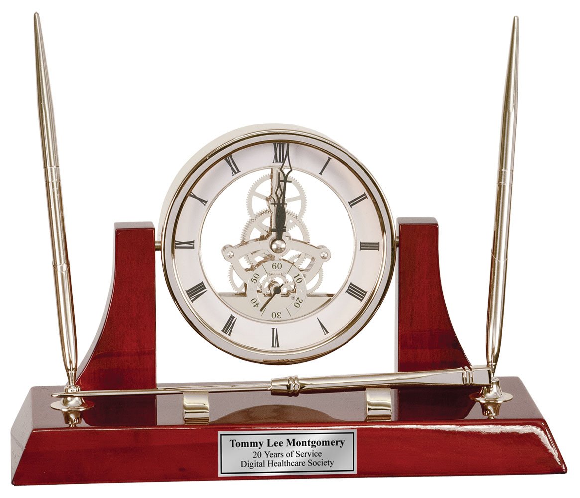 Personalized Engraved Da Vinci Mechanical Gear Desk Clock with 2 Silver Pens & Letter Opener - Unique Retirement Gift, Service Award, Home Office Decor for Engineers & Collectors | Perfect for Desk Organization, Corporate Recognition & Steampunk Lovers