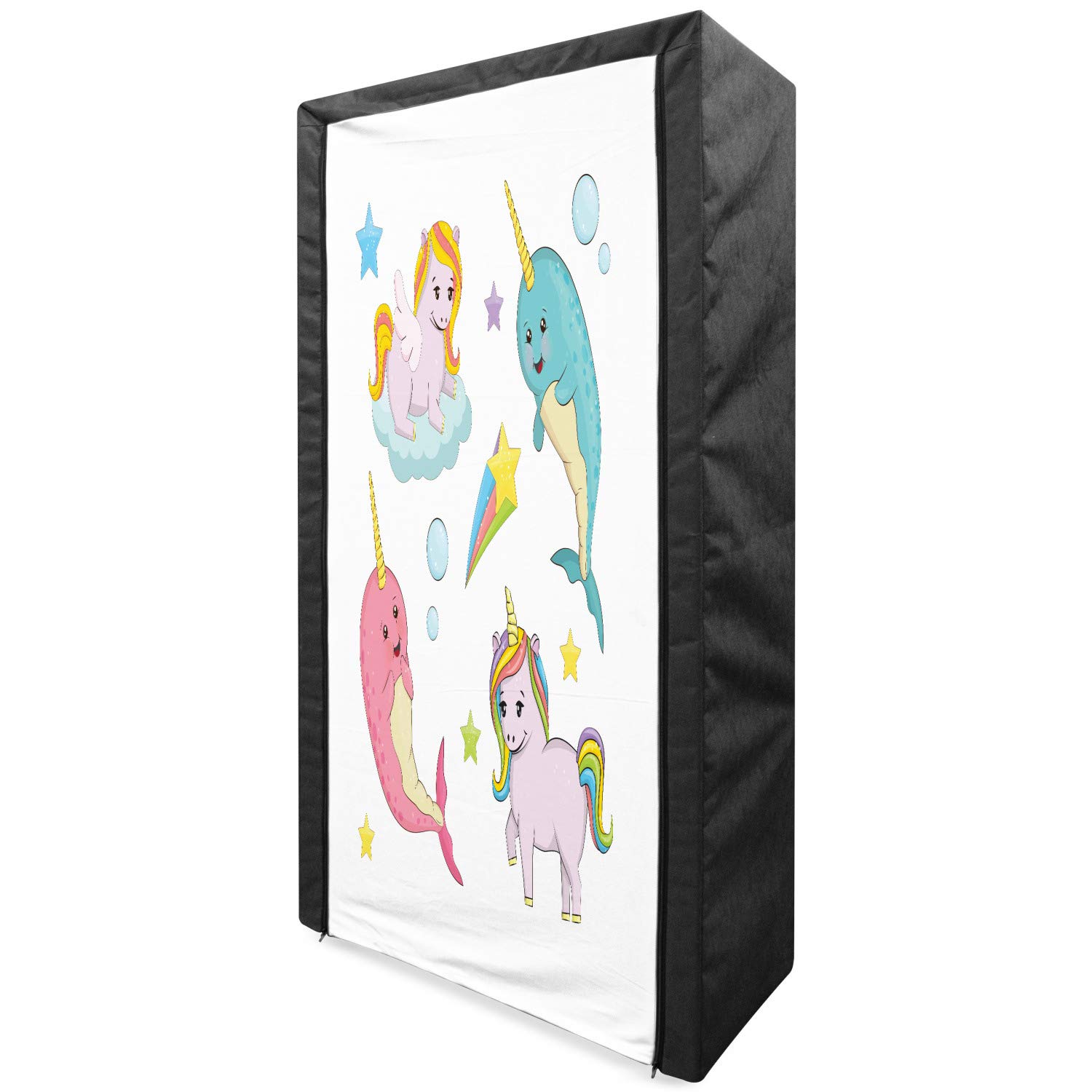Ambesonne Narwhal Portable Fabric Wardrobe - Rainbow Unicorn & Ocean Themed Clothing Organizer with Shelves, 33.5