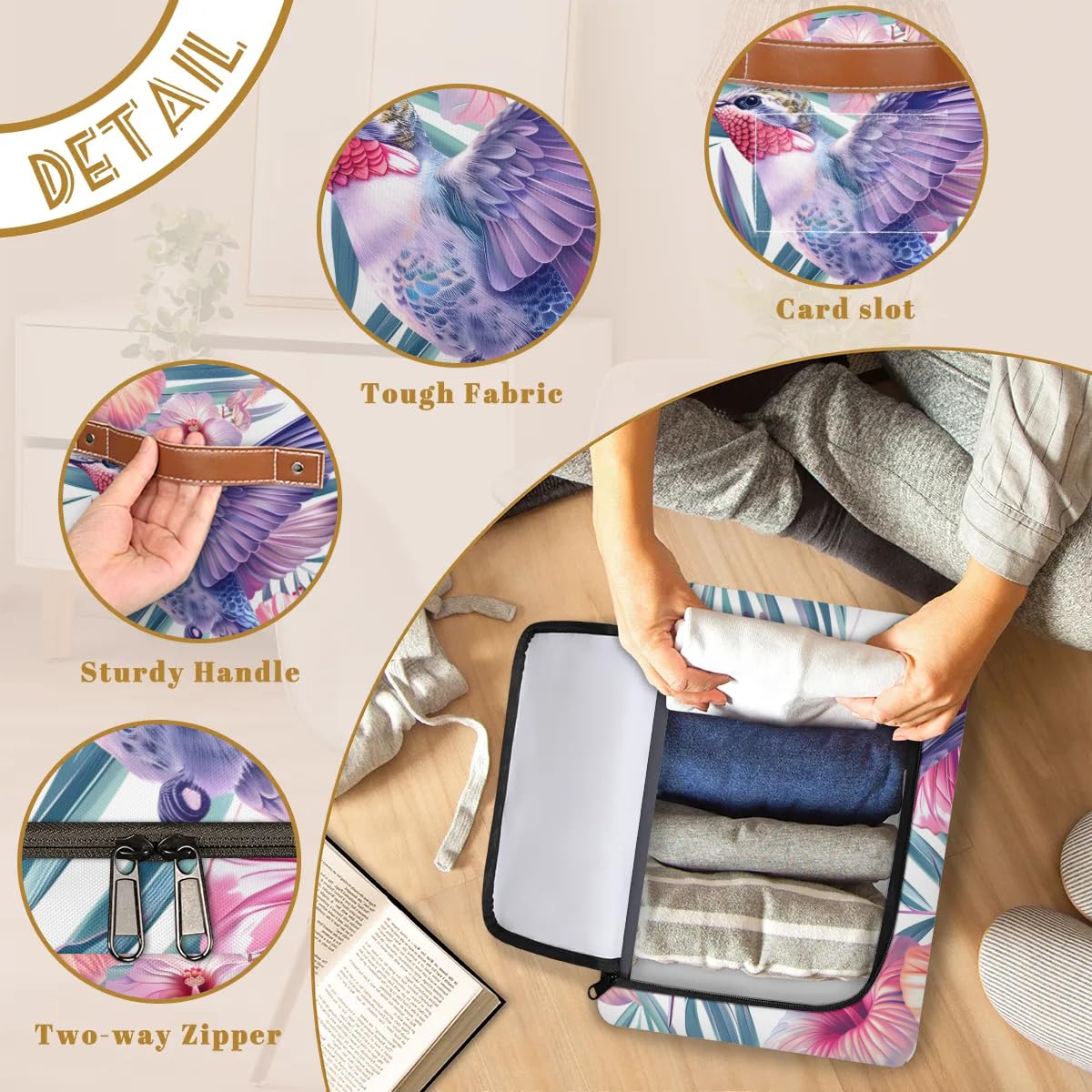 Waterproof Hummingbird Storage Boxes with Sturdy Handles - 2 Pack Zippered Storage Bins for Clothes, Toys & Home Organization | Perfect for Bedroom, Nursery & Closet Storage