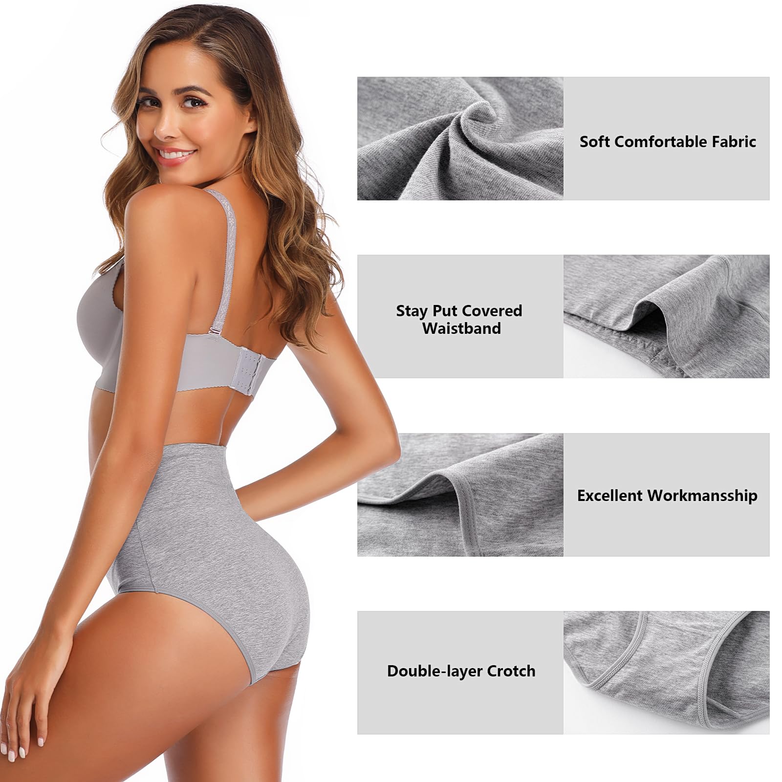 ASIMOON Women's Cotton Underwear - High Waisted Tummy Control Panties, Soft Breathable Full Coverage Briefs Multipack (3/5 Pack) for Everyday Comfort, Workout & Postpartum Recovery
