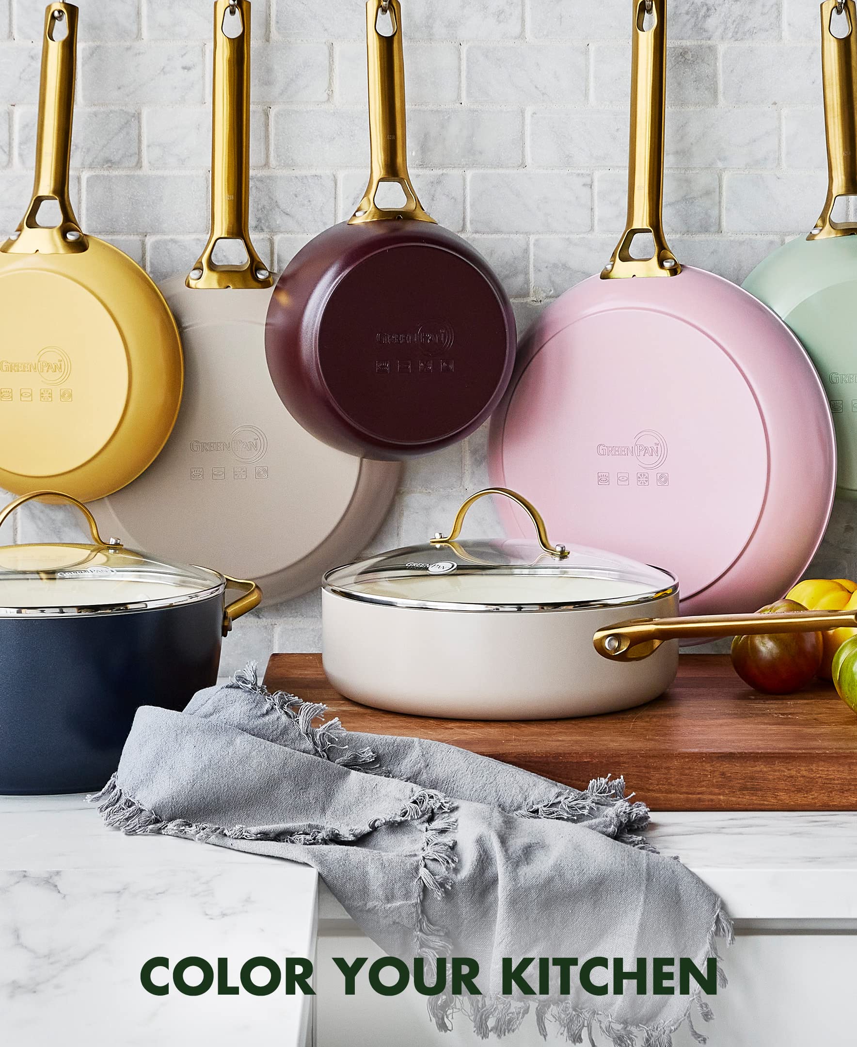 GreenPan Reserve Hard Anodized Healthy Ceramic Nonstick 12-Inch Frying Pan Skillet - PFAS-Free, Dishwasher & Oven Safe (450°F) with Helper Handle & Glass Lid - Gold Handle, Sunrise Yellow - Perfect for Sautéing, Frying & Everyday Cooking