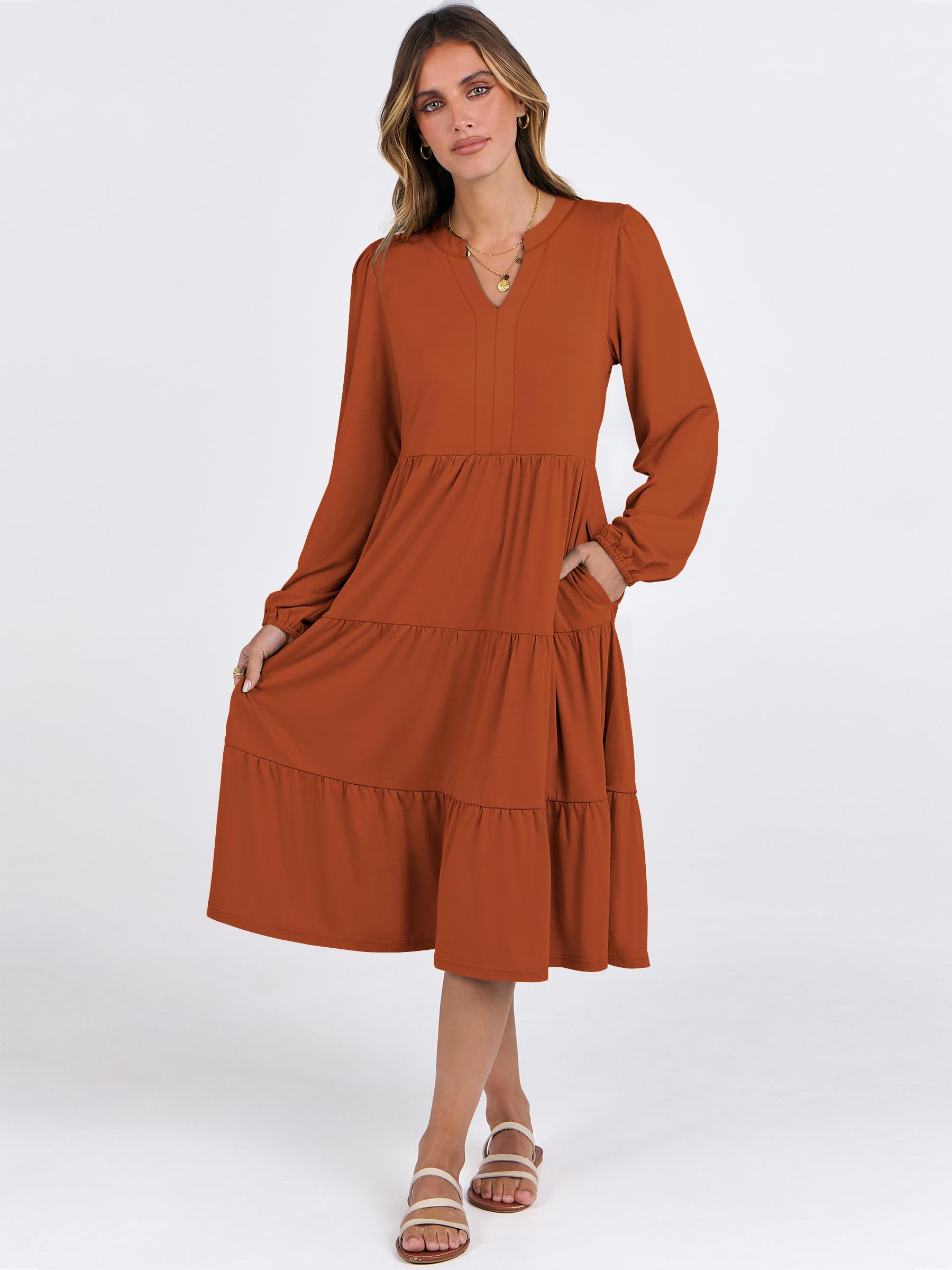ANRABESS Women's Long Sleeve V-Neck Flowy Swing Dress - Loose Fit Tiered Casual Dress for Spring 2025 | Perfect for Vacation, Beach, Date Night & Everyday Wear
