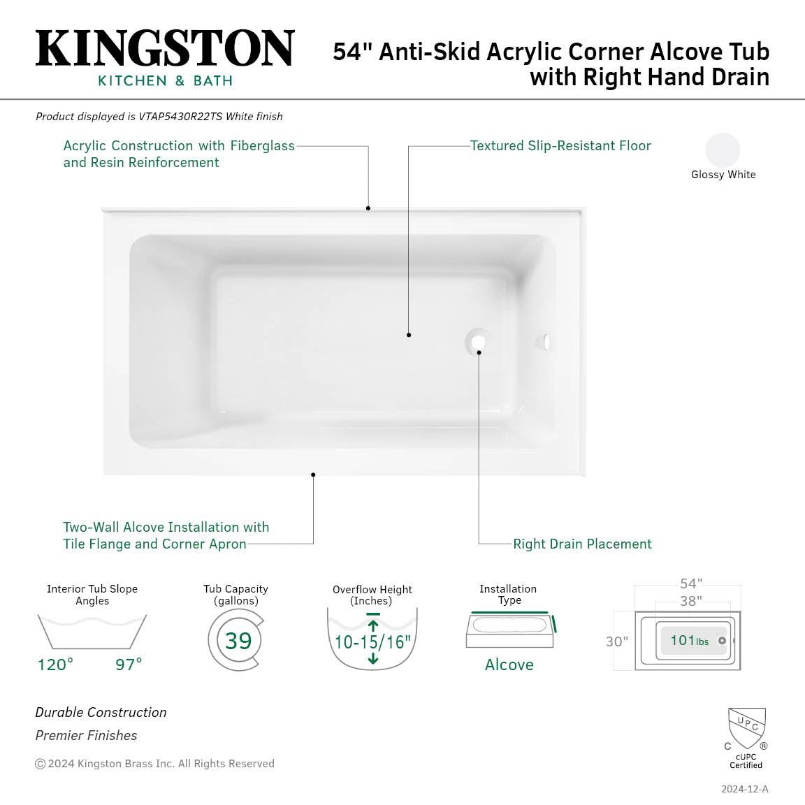 Aqua Eden VTAP5430R22TS 54-Inch Acrylic Rectangular 2-Wall Corner Alcove Bathtub, Right Hand Drain, Glossy White – Perfect for Modern Bathroom Renovations & Spa-Like Relaxation