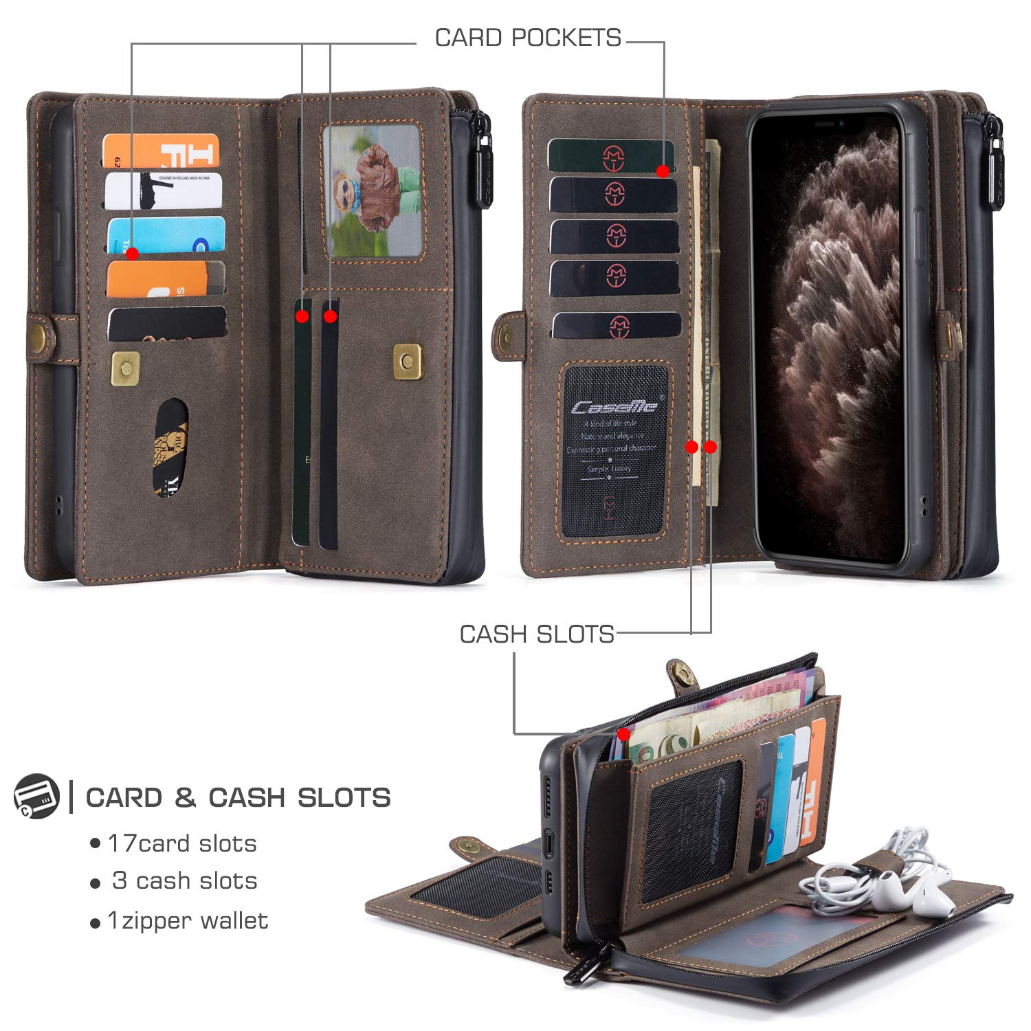 Premium Leather Wallet Case for iPhone 11 Pro Max - Detachable Magnetic Flip Cover with Zipper, 18 Card Slots & Cash Clip | RFID Protection | Wrist Strap Included | Perfect for Everyday Use, Travel & Business (Coffee)