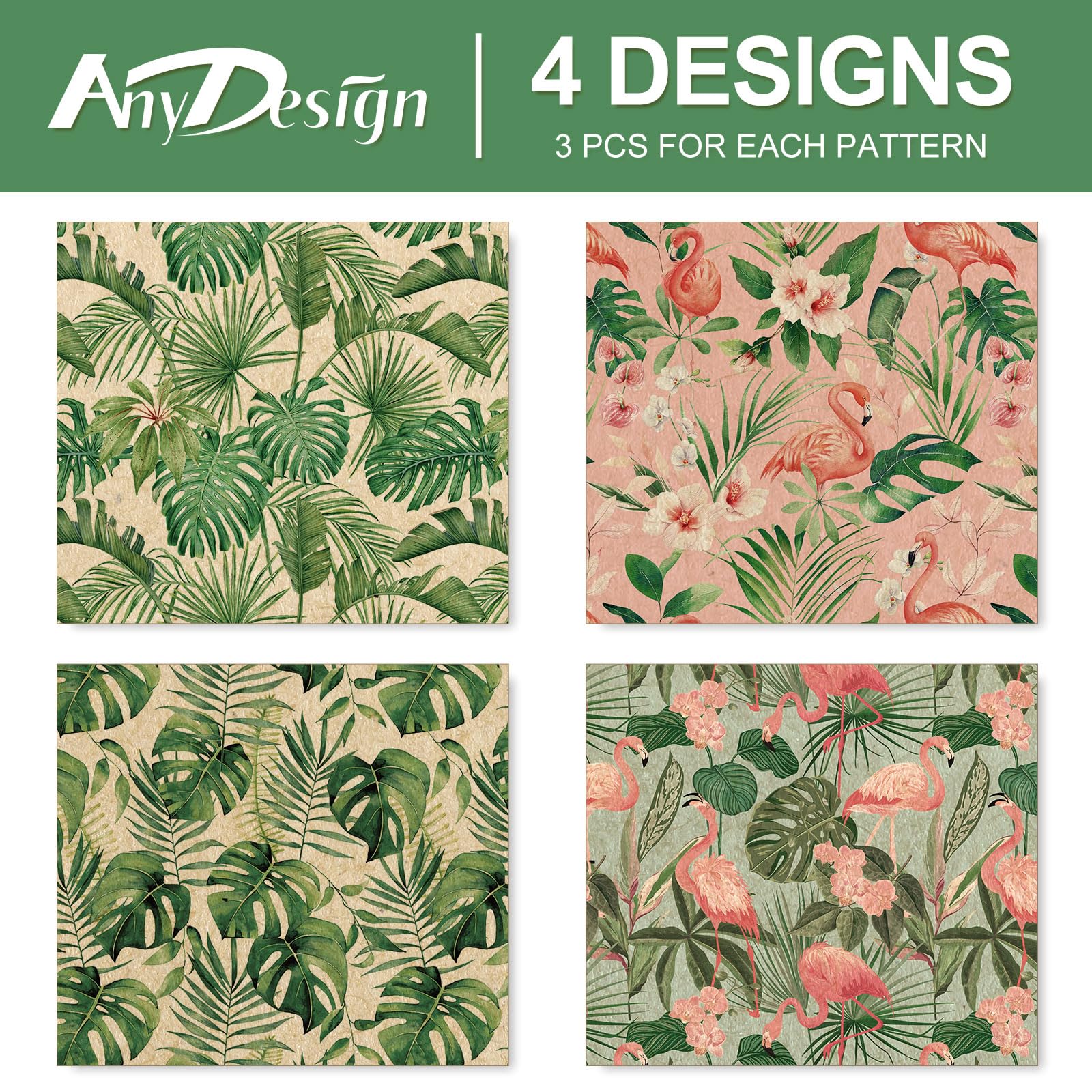 AnyDesign 12-Sheet Tropical Plants & Flamingo Leaves Kraft Wrapping Paper Set - 4 Unique Designs, 19.7 x 27.6 Inch Bulk DIY Gift Wrap for Birthday Parties, Wedding Favors & Craft Projects - Eco-Friendly Folded Flat Art Paper