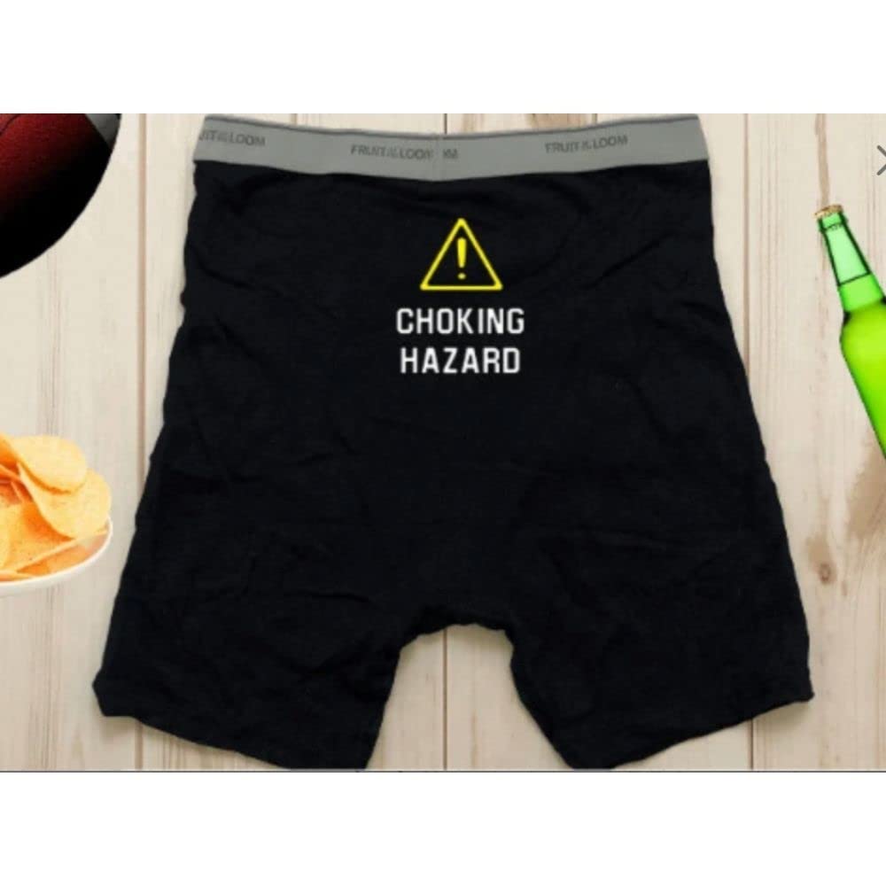 Funny Caution Choking Hazard Boxer Briefs for Men - Comfortable Cotton Underwear Gift Set (Medium, Black) - Perfect for Gag Gifts, Bachelor Parties & Novelty Present Ideas