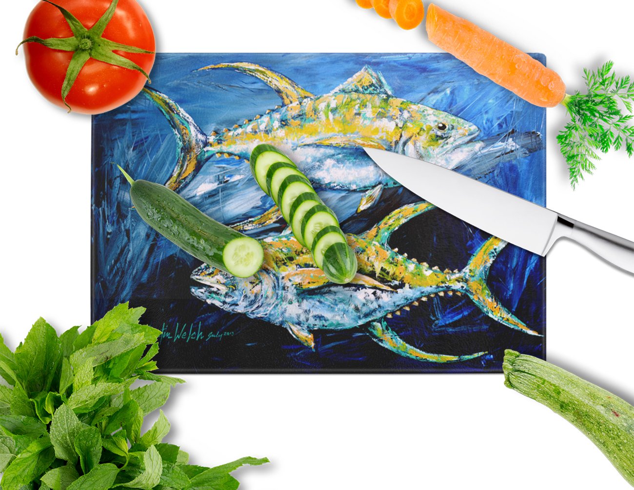 Blue Tuna Fish Tempered Glass Cutting Board - Large Decorative Kitchen Chopping & Serving Board | Durable Glass Cutting Surface for Sushi, Fish, Meat & Vegetables | Perfect for Home Chefs & Entertaining
