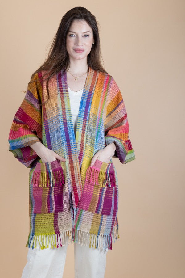 Rainbow Tartan Long Jacket for Women - Stylish Plaid Coat with Belt, Vintage Fashion Outerwear - Perfect for Fall, Winter & Casual Outfits