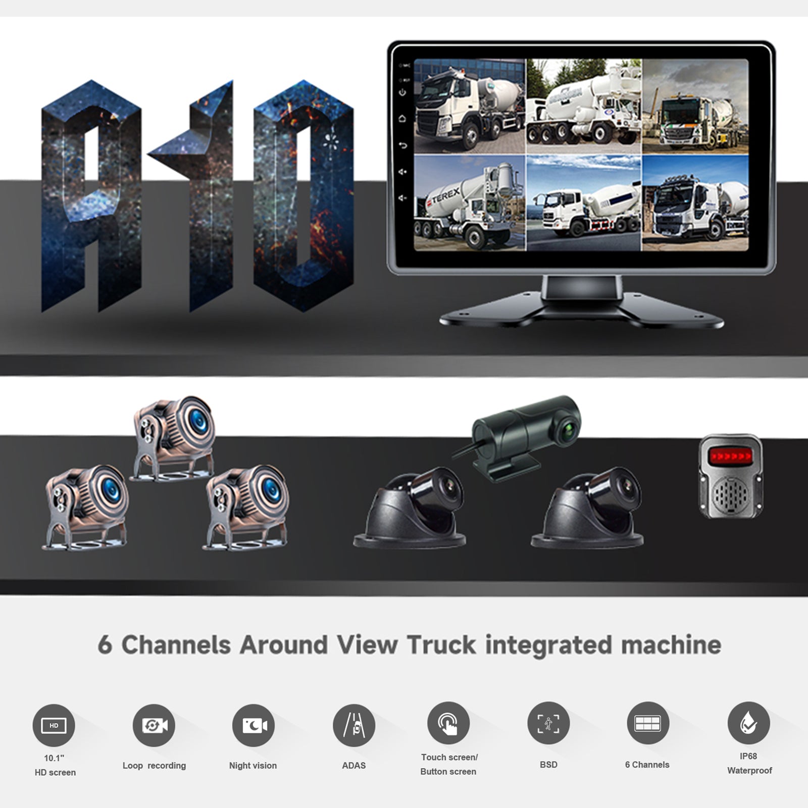 10.1 Inch IPS Touch Screen Monitor with ADAS BSD System for RV Truck Bus - 1024x600 Resolution + 6 Camera Setup - Backup Camera & Blind Spot Detection for Safer Driving